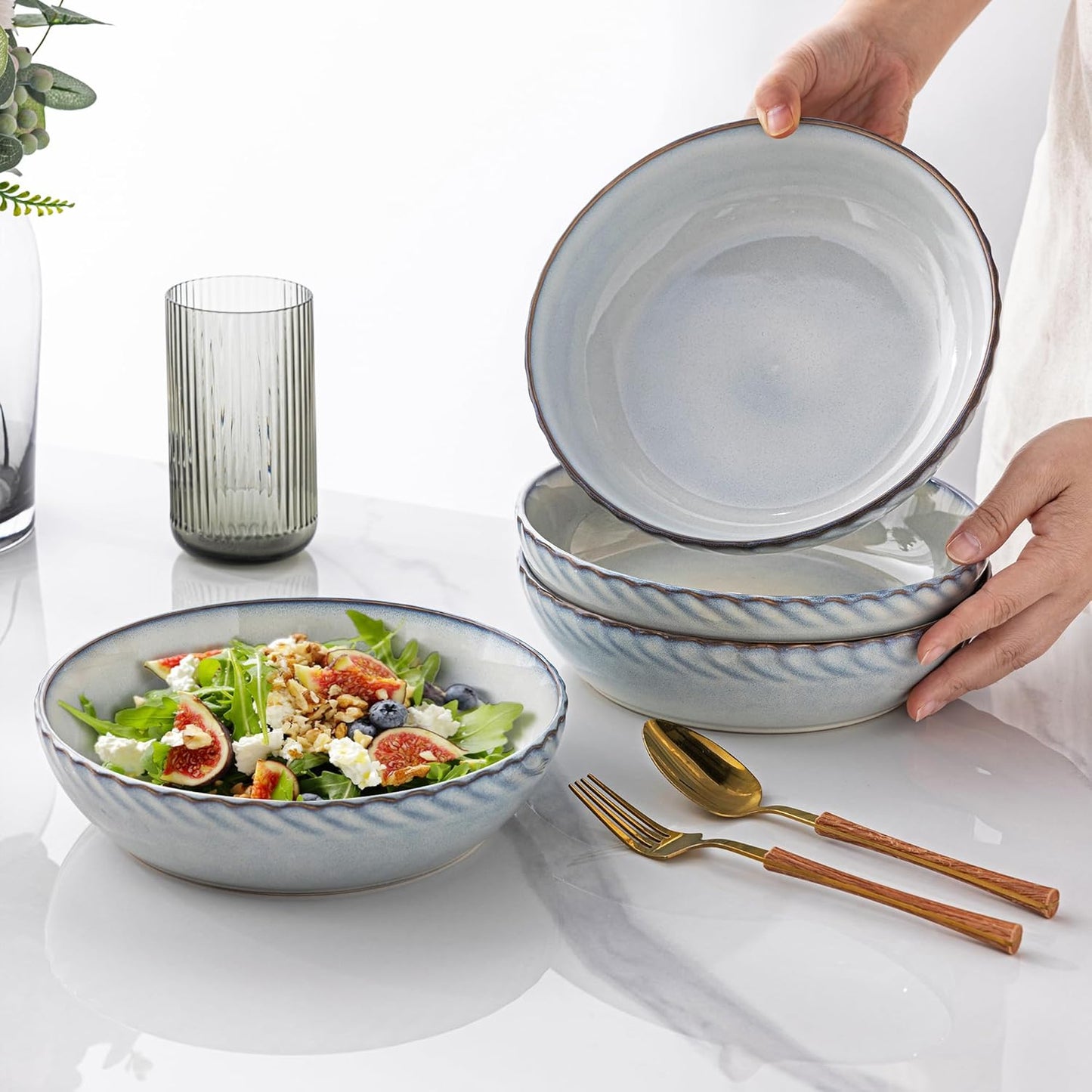 Set of 4 Large 8.5'' Stoneware Pasta and Salad Bowls, 38 Ounce Capacity, Textured Ceramic Serving Bowls for Pasta, Fruit, Stews, and Noodles - Ideal Housewarming Gift
