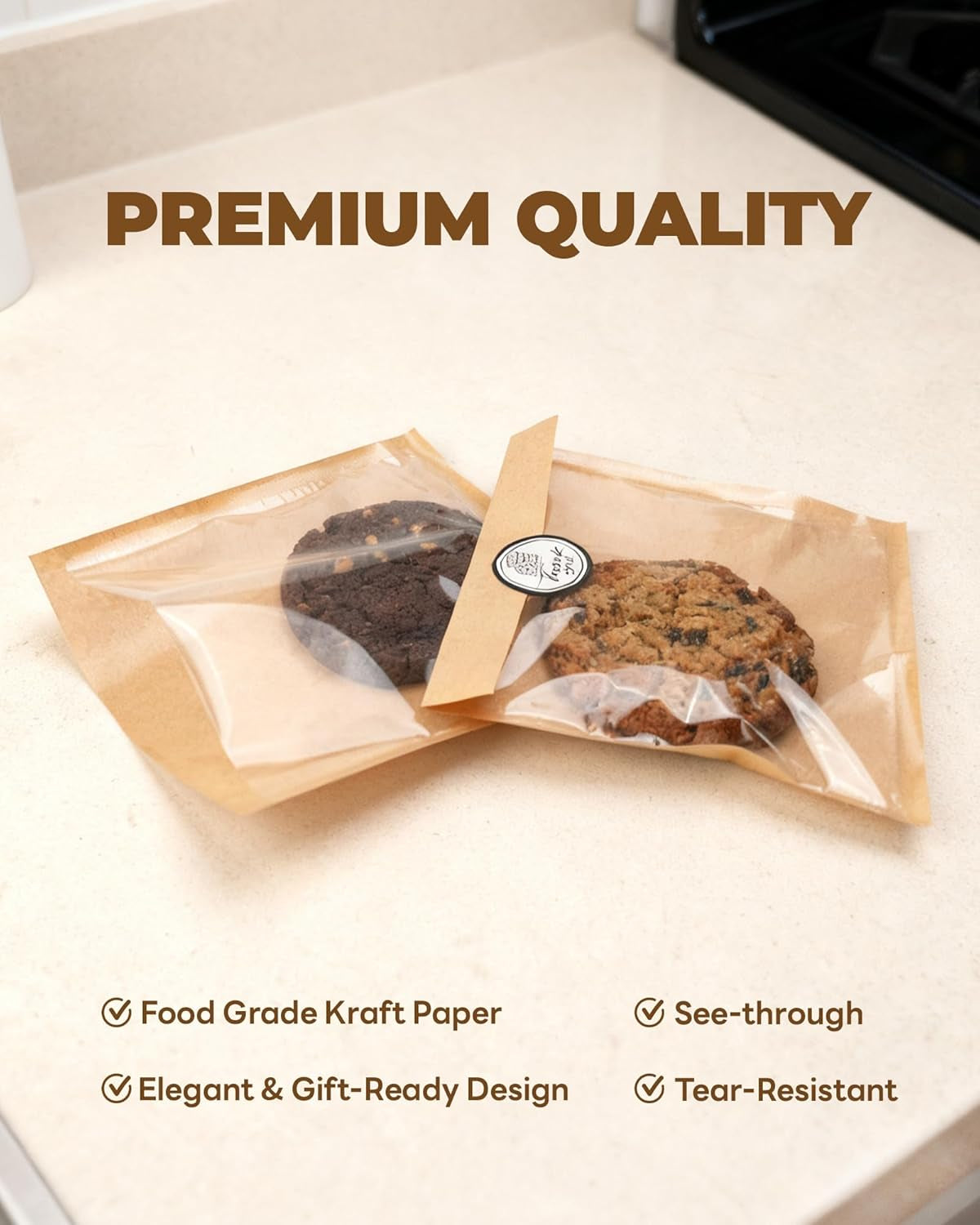 100PCS Cookie Bags with Seal, 5.7X6.5 Inch Individual Cookie Packaging Bags for Gift Giving, Heat Sealable & Grease Proof Bakery Bag with Window, Baked Goods Packaging