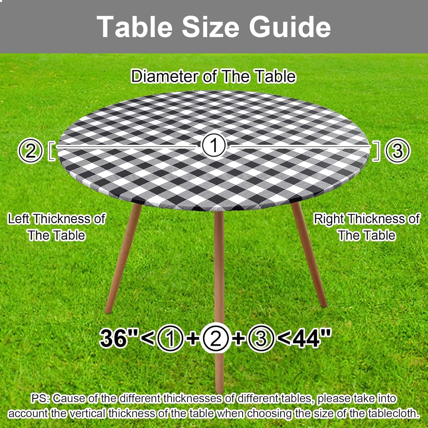 round Picnic Tablecloth, Elastic Waterproof Fitted Vinyl Tablecloths for 36"-44" Tables, Flannel Backed Buffalo Plaid Table Cover for Dining, Camping, Outdoor, Black and White