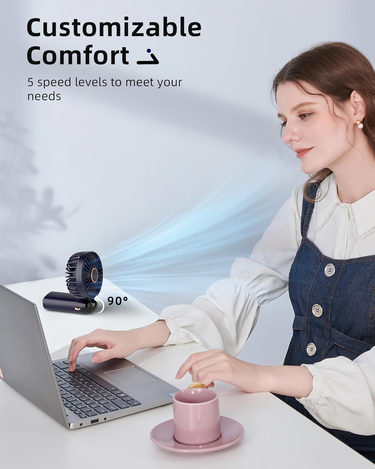 Portable Handheld Fan, Battery Operated Fan with Base, 8 Hours, Digital Display, 5 Speeds, 90° Ajustable, Rechargeable Mini Fan for Outdoor Indoor