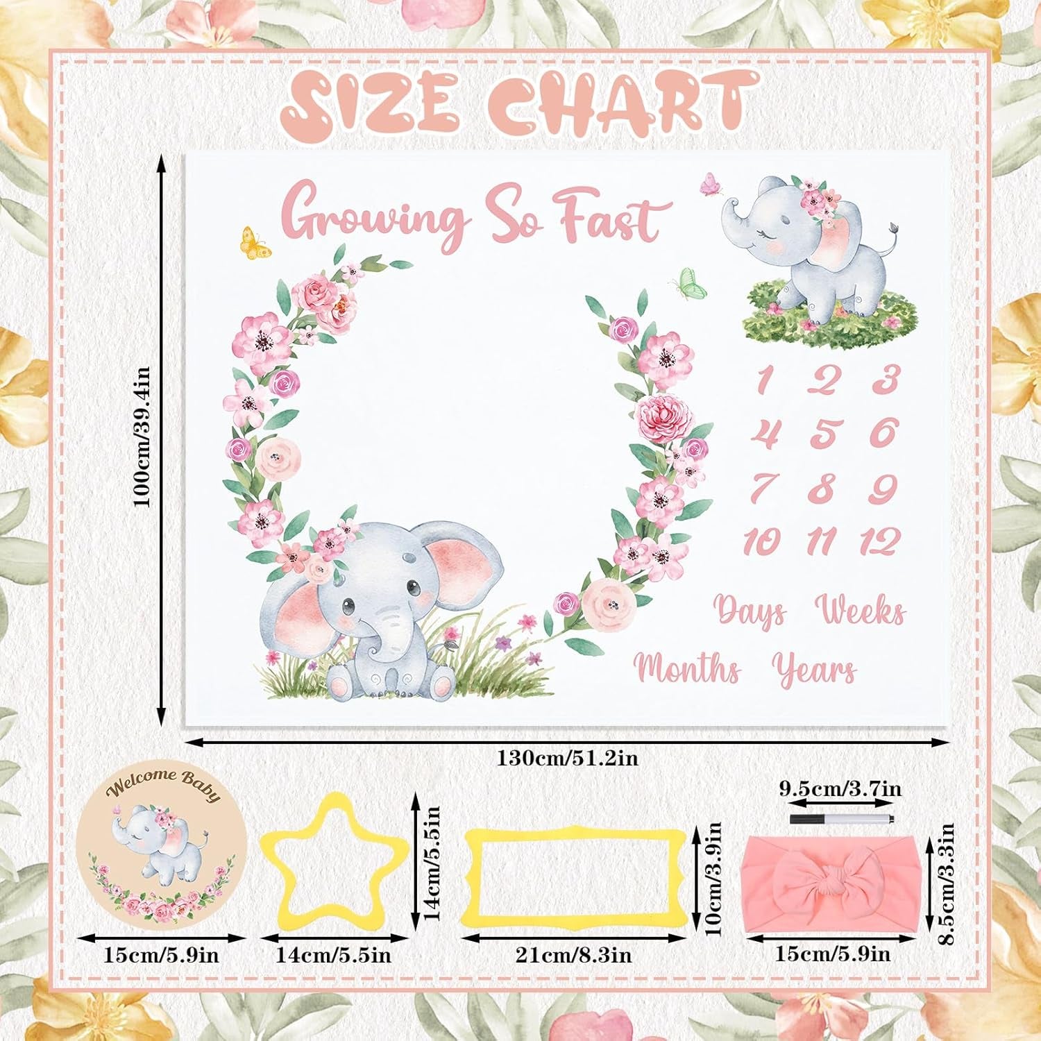 Baby Milestone Blanket Monthly Milestone Blankets for Baby Girls Newborn Baby Blankets Photography Background Fleece Blankets with Wooden Signs, Frames, Bow Headband 50X39 Inches