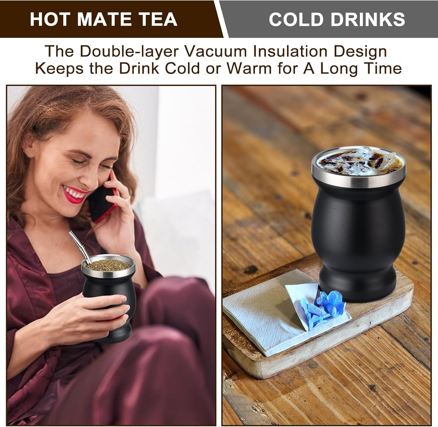 8Oz Yerba Mate Cup, 304 Stainless Steel Double-Wall Mate Cup, Heat Insulation Yerba Mate Gourd, Tea Cup Set Includes Cleaning Brush & 2 Bombillas (Black)