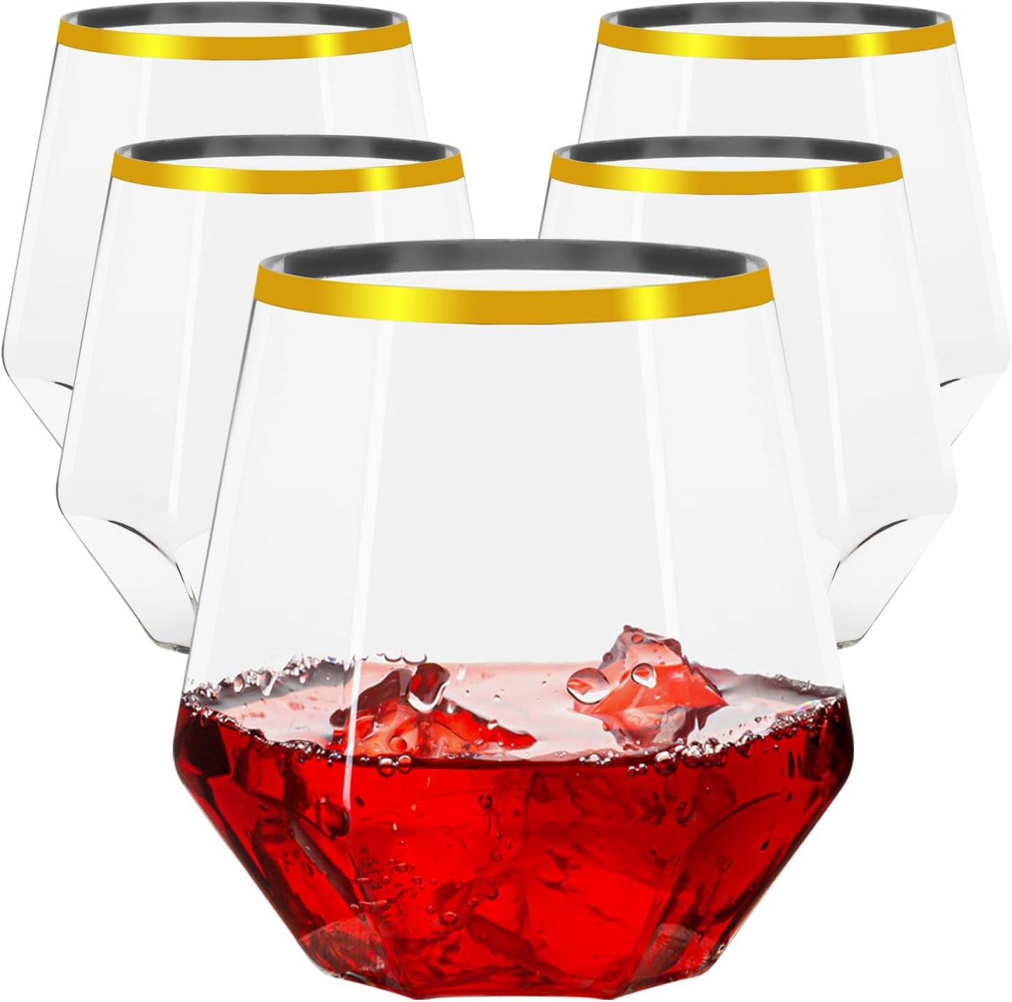 40 Pack Diamond Plastic Wine Glasses,Unbreakable Stemless Whiskey Cocktail Wine Champagne Glasses,12 Ounce Durable Disposable Cups Gold Rim for Parties, Weddings, Birthdays