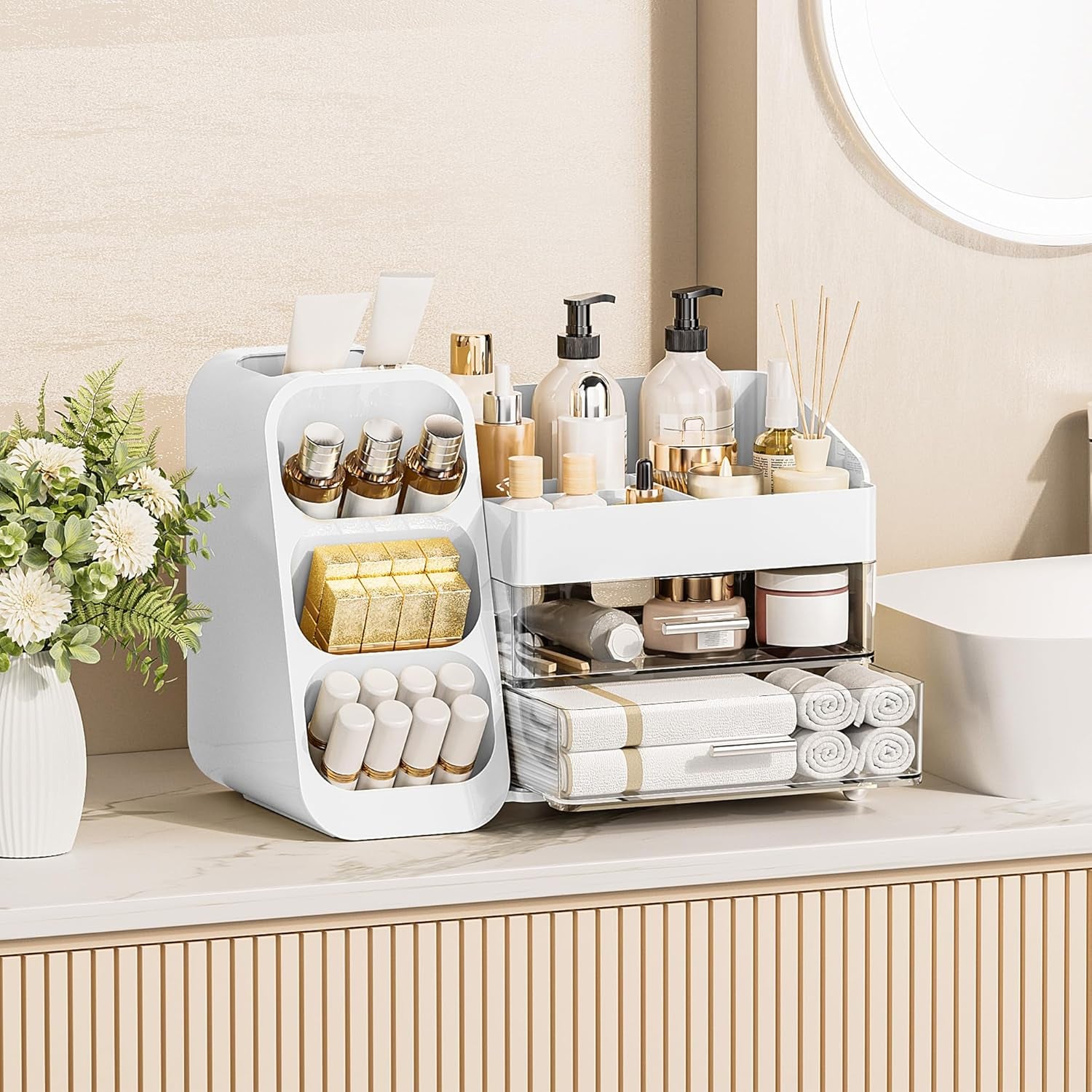Makeup Organizer with Drawers for Vanity, Spacious Cosmetic Display Case with Makeup Brush Holder, Perfect Vanity Bathroom Organizer and Storage Solution for Skincare & Beauty Essentials, White
