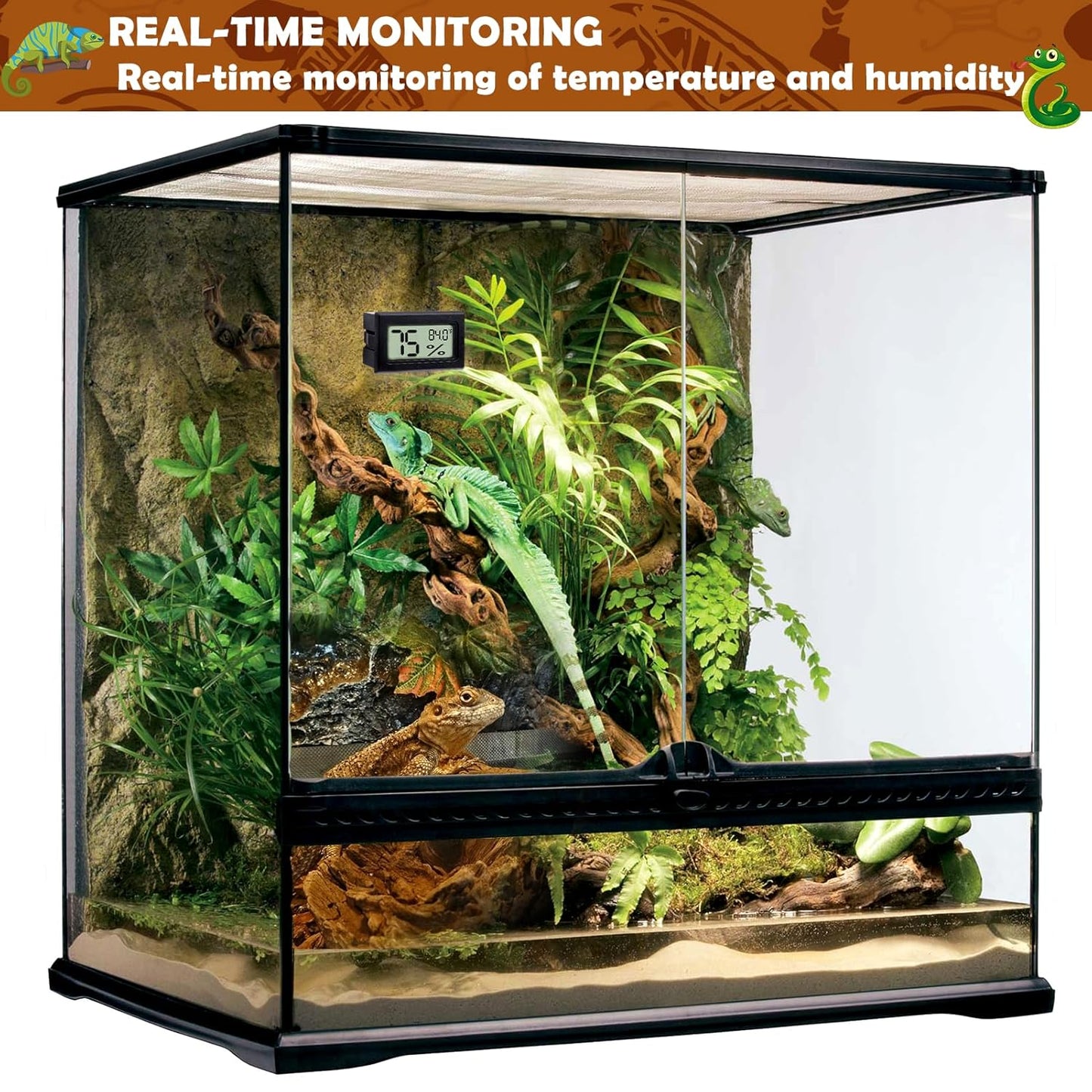Reptile Thermometer and Humidity Gauge,2Pcs Digital Hygrometer Adhesive Reptile Terrarium Hydrometer,Bearded Dragon Tank Accessories,Pet Humidity Meter Supplies for Leopard Crested Gecko,Snake,Lizard
