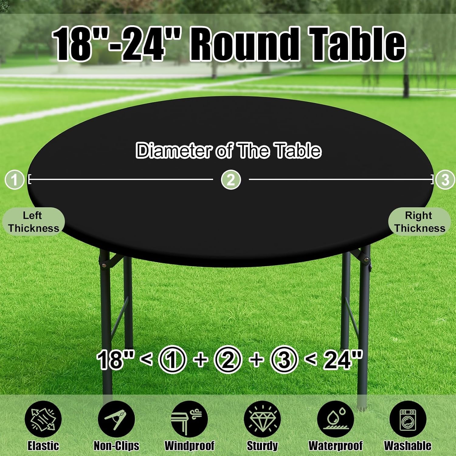 2 Packs round Spandex Tablecloths, Stretch Elastic Tablecloth Cover Fitted for 18"-24" round Tables, Waterproof Polyester Washable Table Cloth for Dining, Party, Outdoor and Indoor, Black