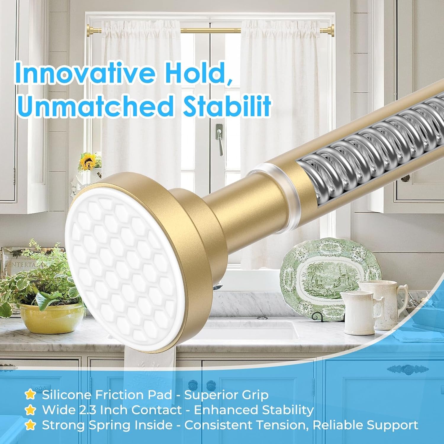 Small Tension Rod 18 to 27 Inch,1 - Inch Diameter Gold Tension Curtain Rod Small Tension Rod No Drilling, anti - Slip, anti - Rust Short Tension Rod