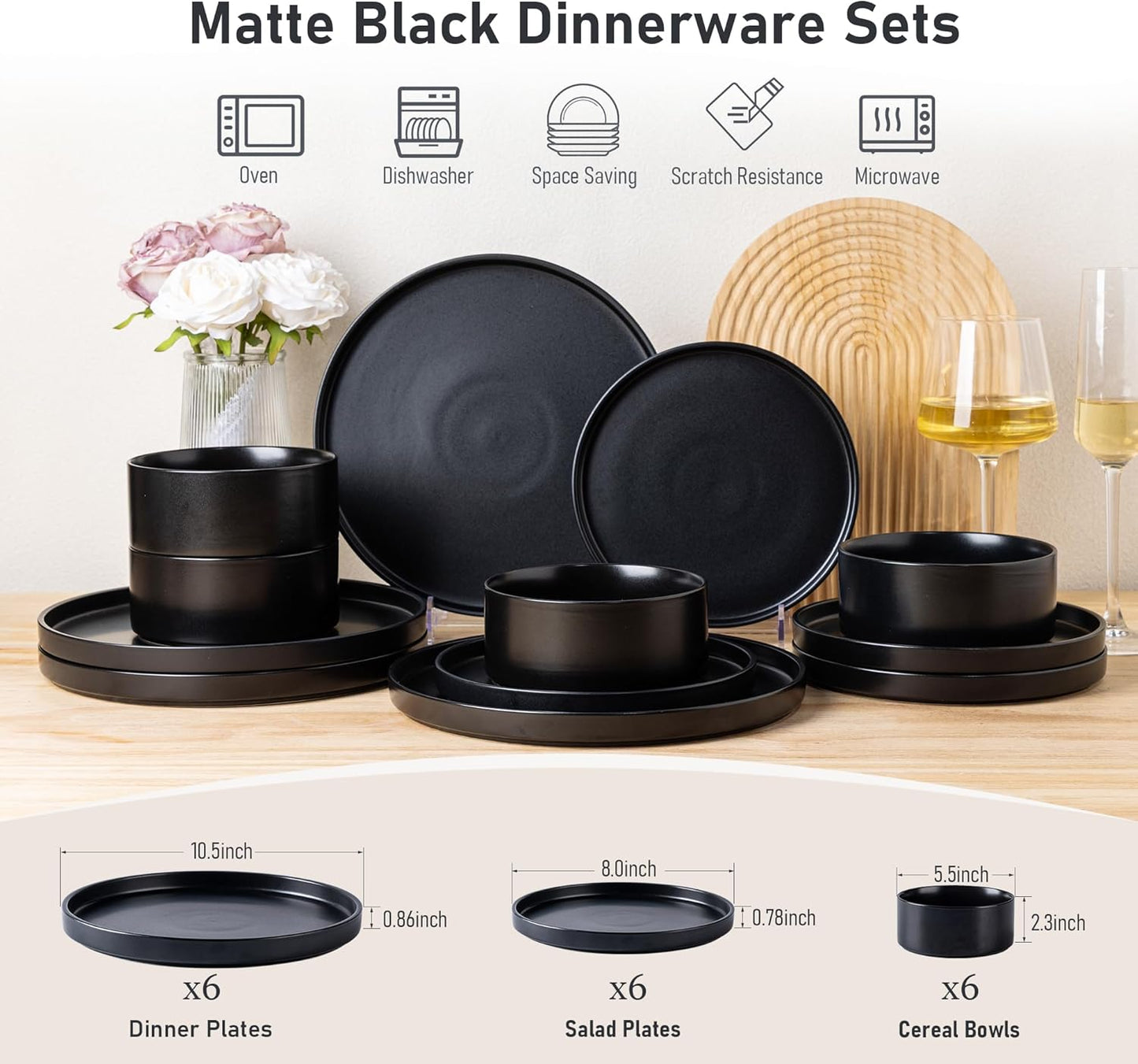 Matte Black Stoneware Dinnerware Set for 6 - Chip and Scratch Resistant, Dishwasher, Microwave, and Oven Safe with Reactive Glaze
