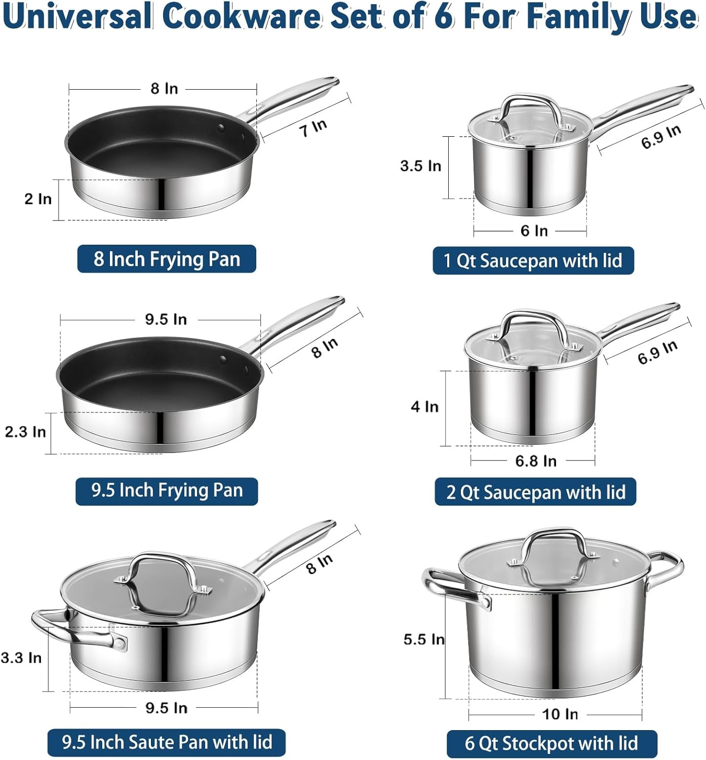 10 Pcs Pots and Pans Sets, Stainless Steel Cookware Set of 6 for Kitchen, Induction Cooking Pot & Saucepans with Glass Lids, Nonstick Frying Pans & Saute Pan