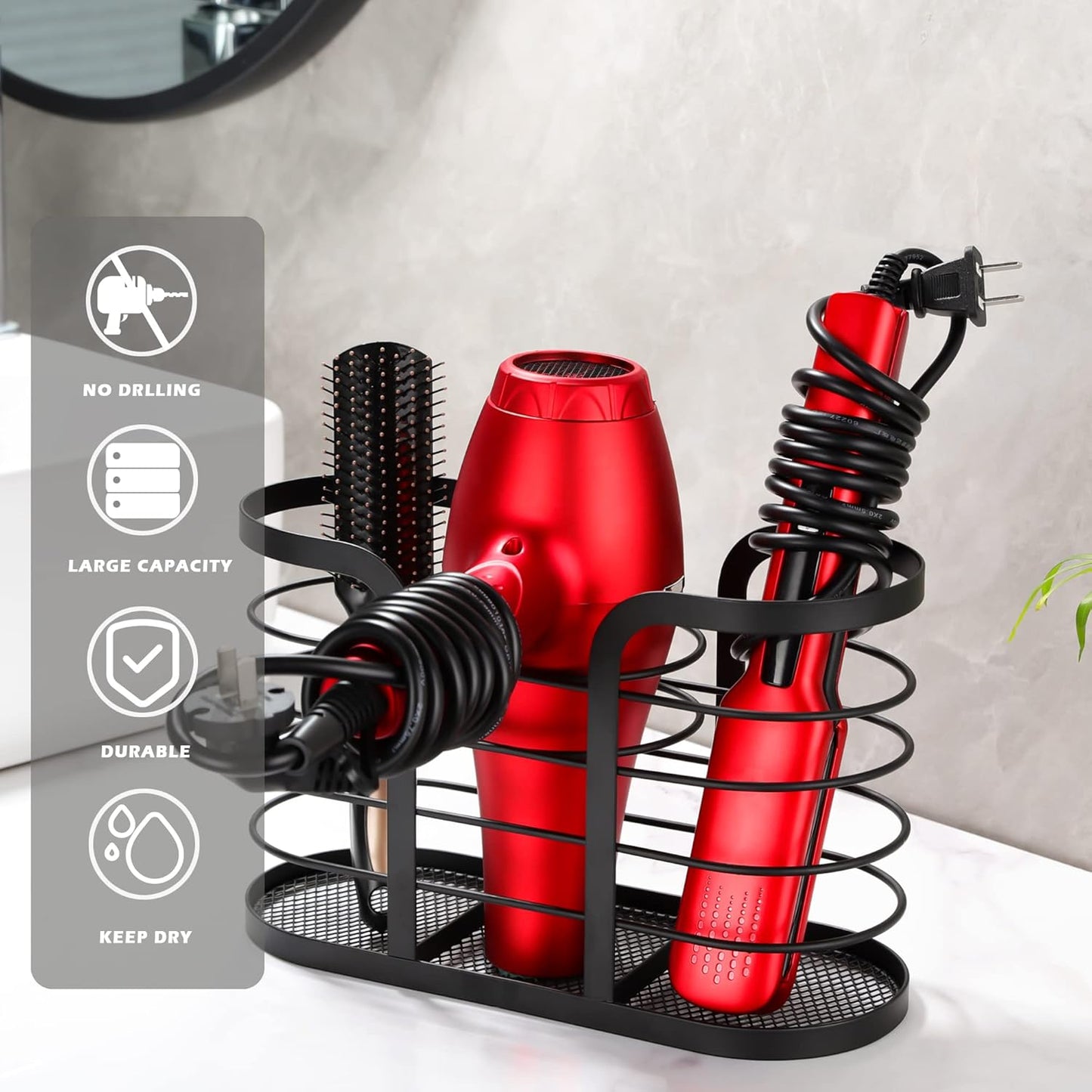 Wall-Mounted Hair Dryer Holder - Adhesive Bathroom Organizer for Hot Tools and Electric Shavers, Black