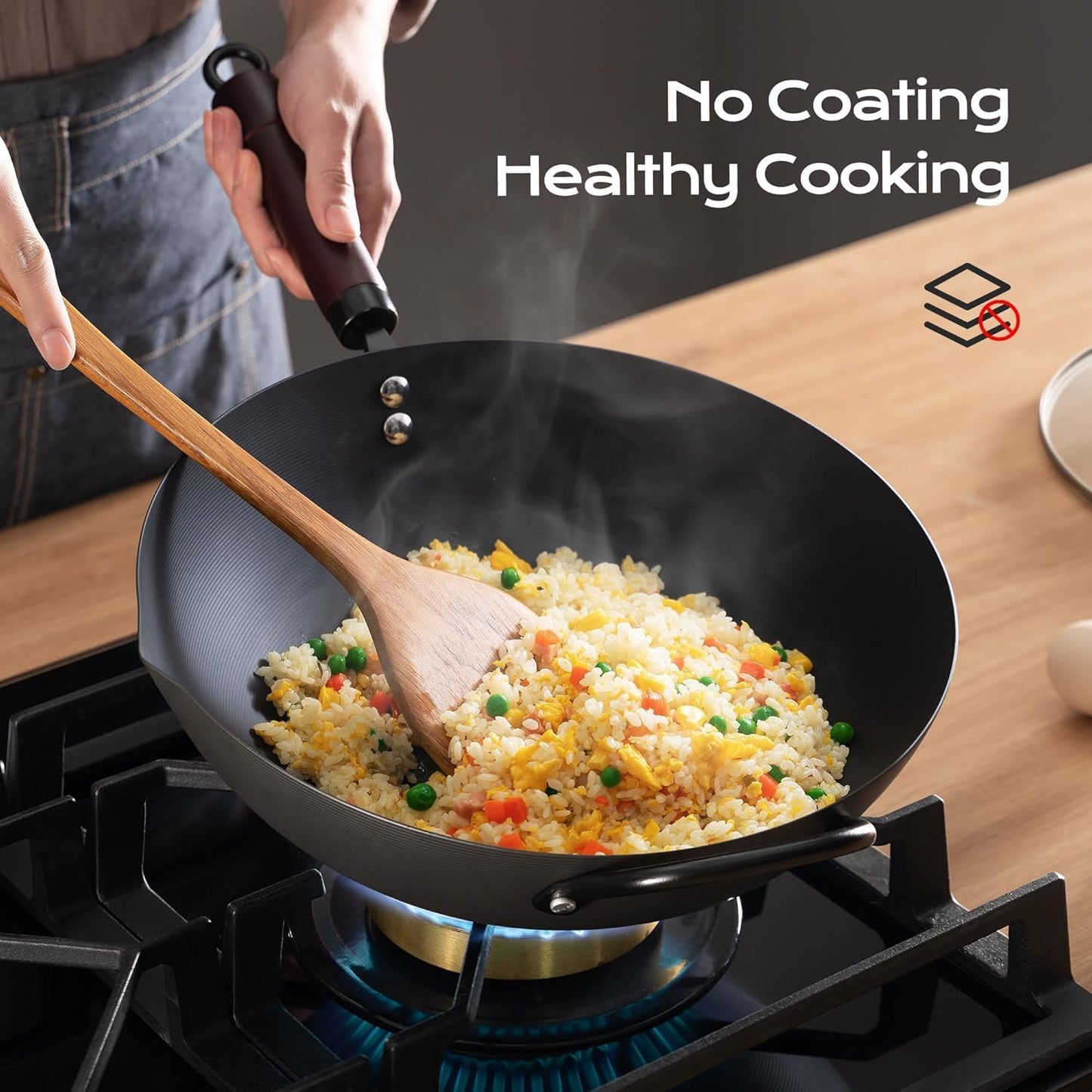Wok, 13 Inch Carbon Steel Woks & Stir-Fry Pans Nonstick, Pre-Seasoned 5.8QT Flat Bottom Chinese Wok Pan with Lid, Carbon Steel Cookware, Compatible with All Cooktops