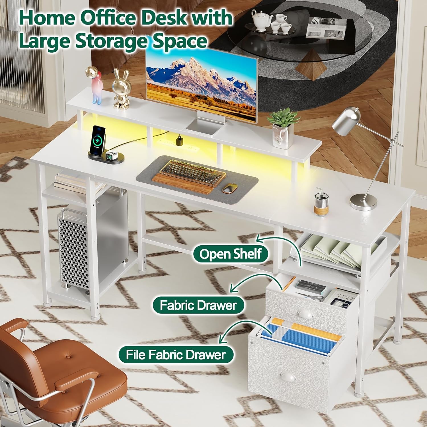 61" Computer Desk with Power Outlet and LED Lights, Reversible Gaming Desk with File Cabinet & Monitor Stand for Home Office, Large Work Table with Storage Shelves & Drawer, White