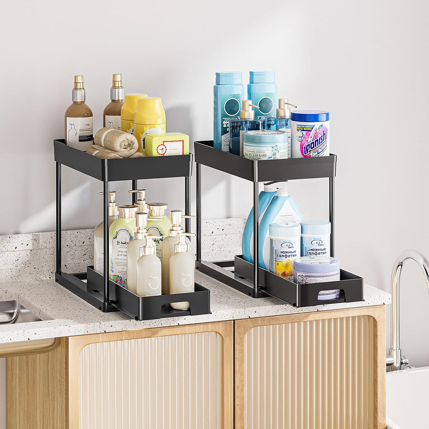 2 Pack under Sink Organizers and Storage, 2 Tier Pull Out under Cabinet Organizer, Black under Sink Storage for Bathroom Kitchen, under Counter Storage Organizer with 8 Hooks