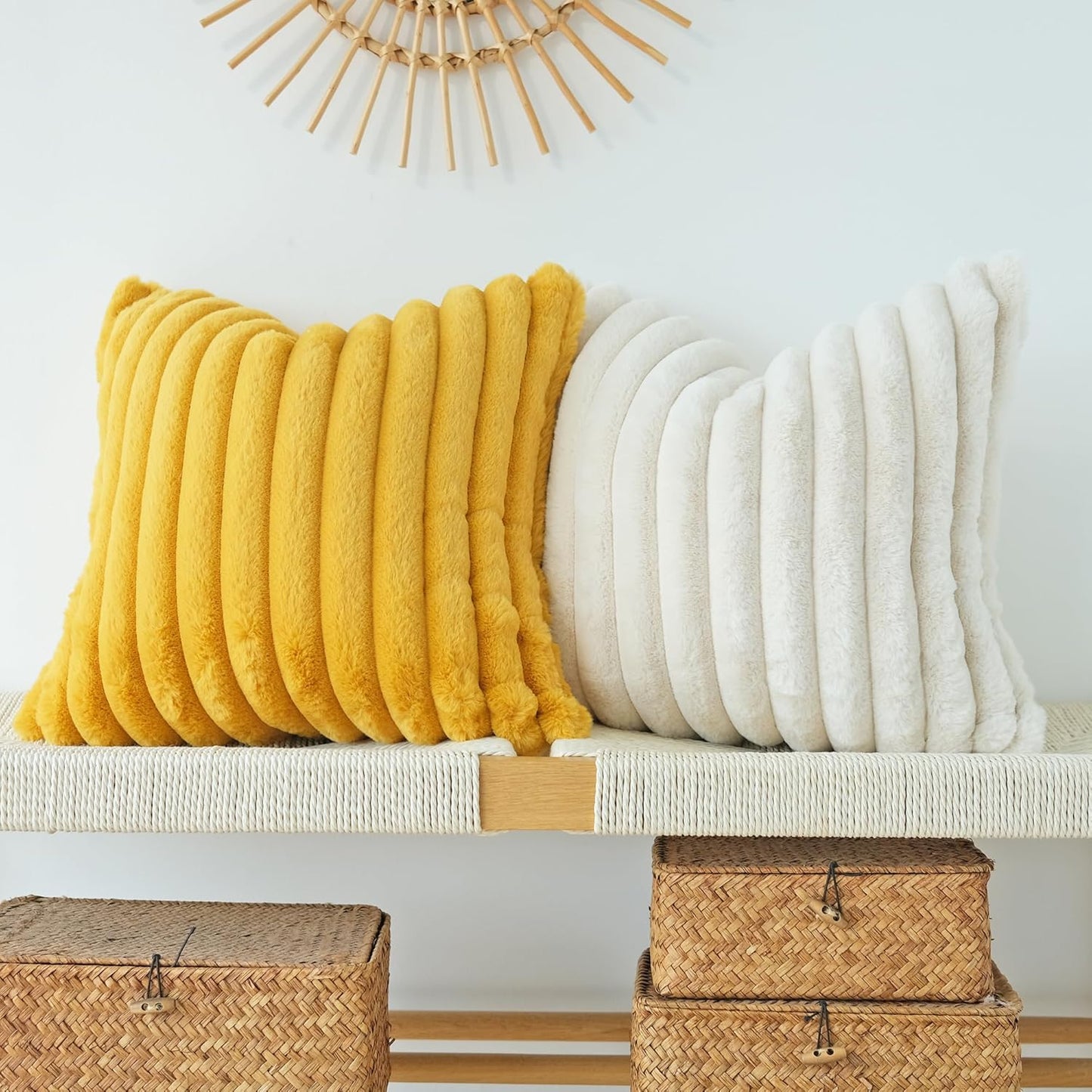Pack of 2 Faux Fur Plush Decorative Throw Pillow Covers Couch Cushion Case Soft Pillowcases (Mustard Yellow, 20 X 20-Inch)