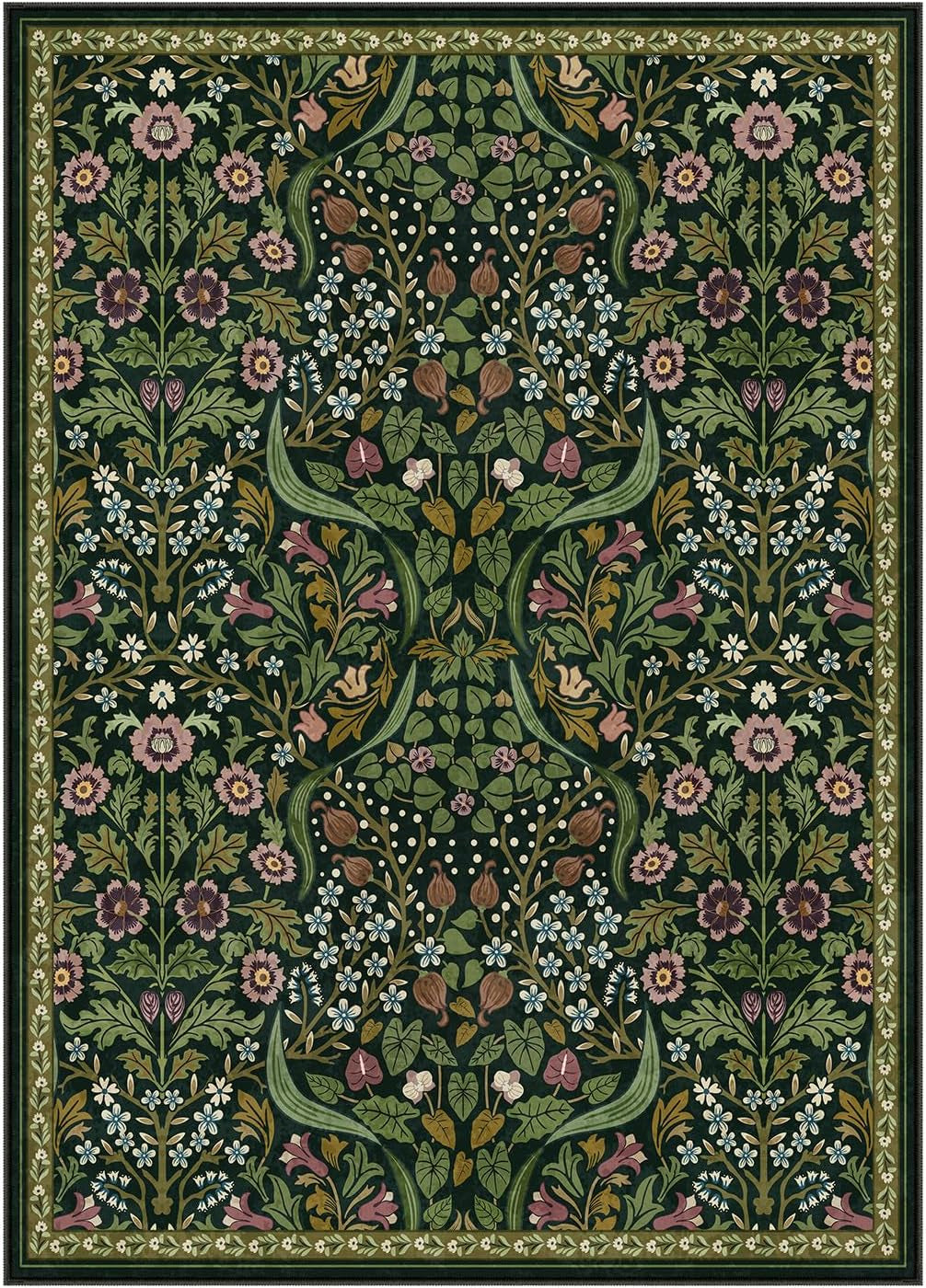 Floral 5X7 Washable Living Room Rugs, Green Area Rugs for Bedroom Rubber Backed, Botanical Thin Stain-Resistant Carpet for Dining Room, Guestroom, Kids Room