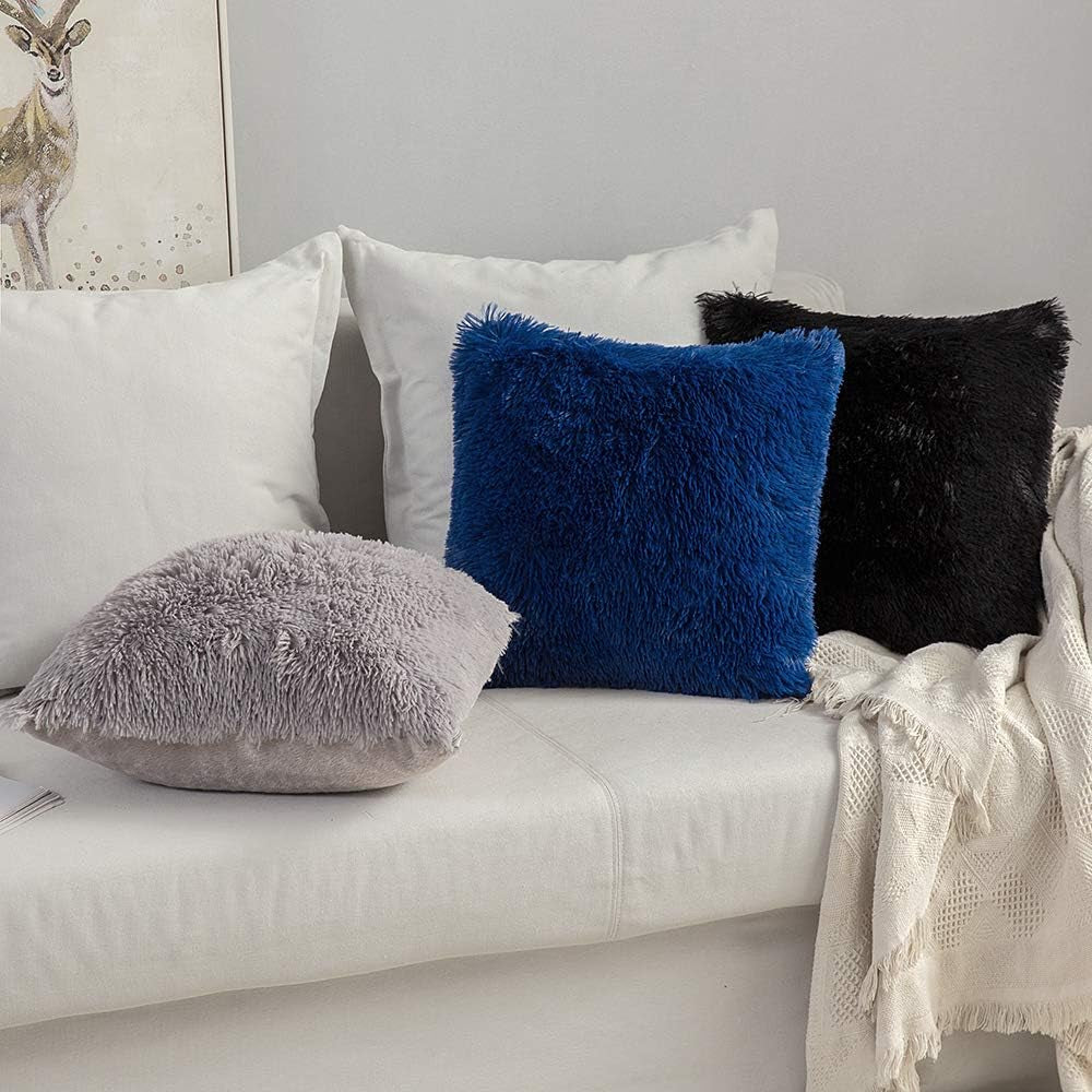 Pack of 2 Luxury Faux Fur Throw Pillow Cover Deluxe Winter Decorative Plush Pillow Case Cushion Cover Shell for Sofa Bedroom Car 18 X 18 Inch Black
