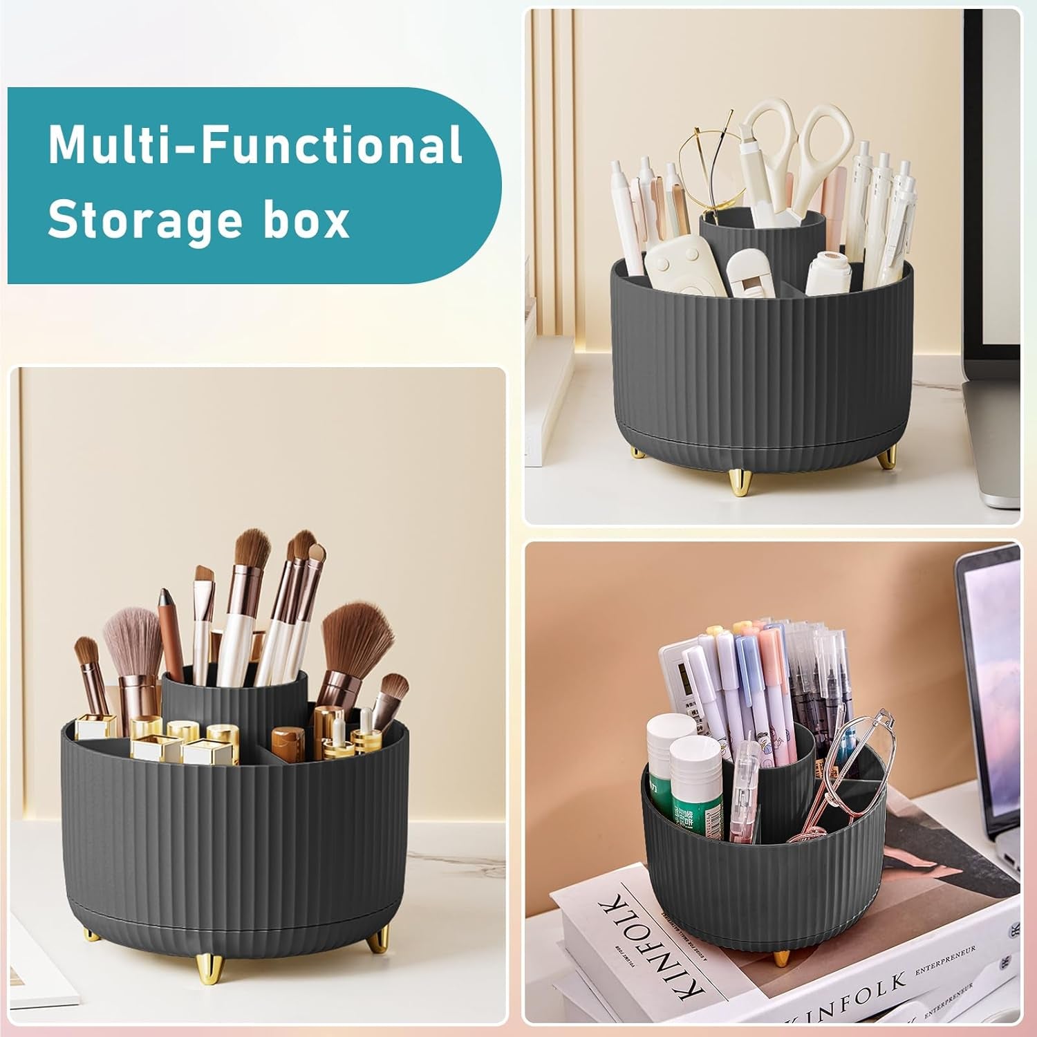 Makeup Brush Holder Organizer,360° Rotating Makeup Brush Organizer,5 Slot Make up Brushes Cup for Cosmetics, Nail Polish, Art Supply, Bathroom Vanity Desktop Organizer - Black