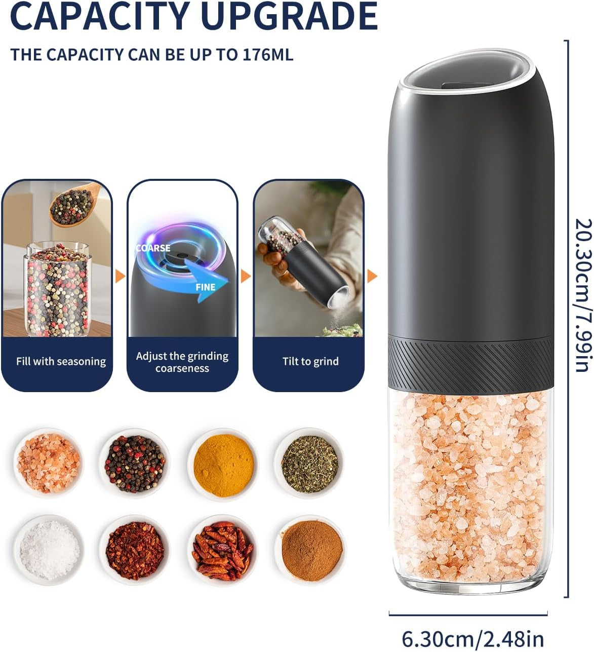 Gravity Electric Salt and Pepper Grinder Set Battery Powered Automatic Pepper Mill Grinders with 176Ml Container, Adjustable Coarseness, Bright LED Light and One Hand Operation, Black