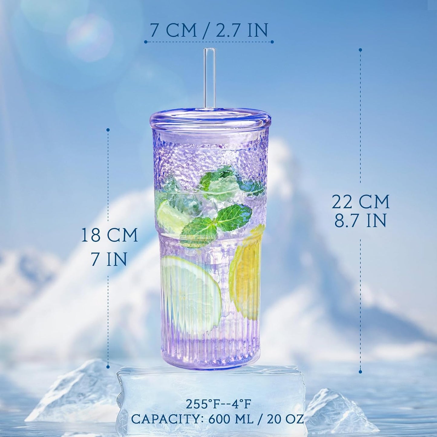 20Oz Glass Cups with Lids and Straws, 2 Pack High Borosilicate Iced Coffee Cups Drinking Glasses Tumbler for Smoothie, Water, Tea, Juice Drinks, Violet Purple