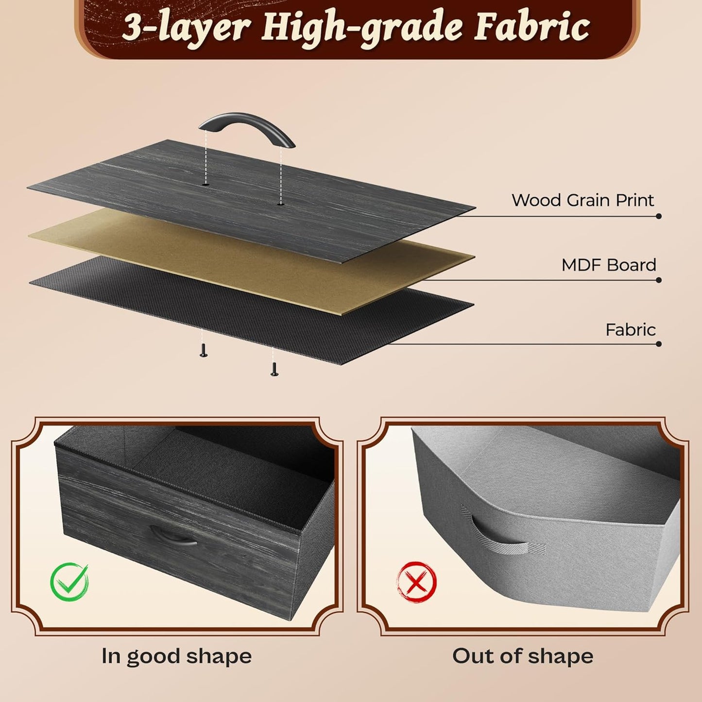 63-Inch Dresser and TV Stand for 55-70 Inch TVs, 6-Drawer Storage Organizer with Fabric Drawers, Charcoal Black Wood Grain Finish for Bedroom and Entryway