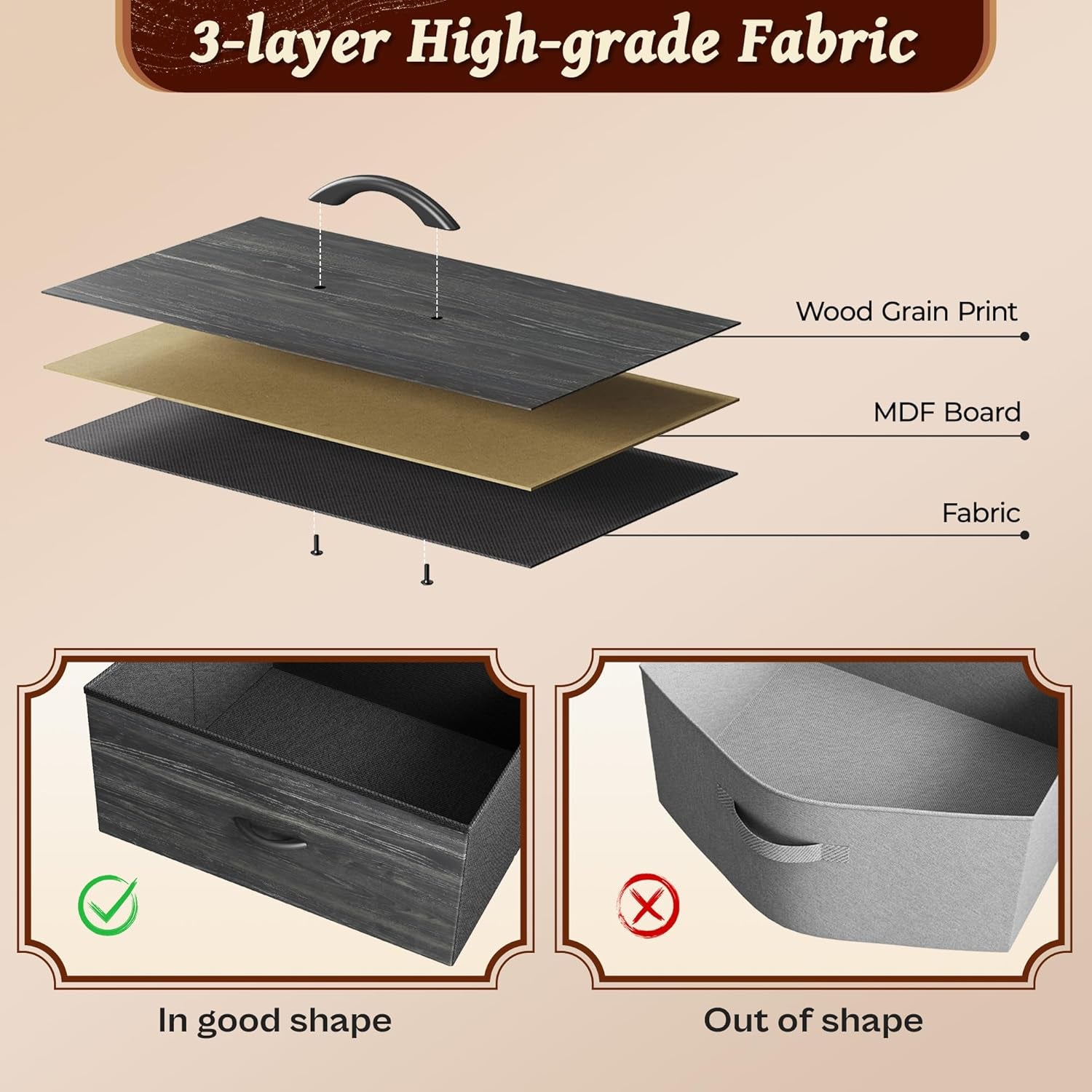 63-Inch Dresser and TV Stand for 55-70 Inch TVs, 6-Drawer Storage Organizer with Fabric Drawers, Charcoal Black Wood Grain Finish for Bedroom and Entryway