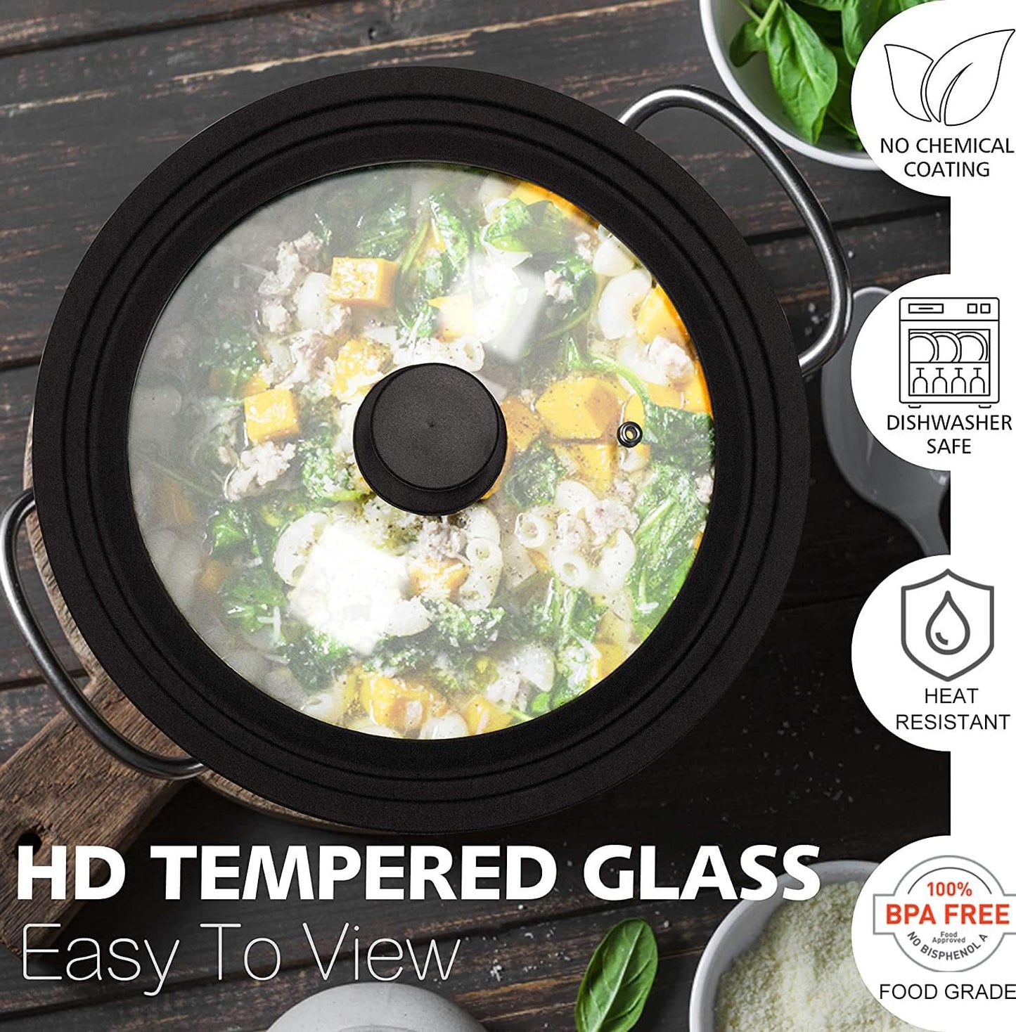 Silicone Universal Lid for Pots, Pans and Skillets - Tempered Glass Covered with Heat Resistant Silicone Rim Fits 9.5", 10" and 11" Diameter Cookware -Easy to Use Replacement Frying Pan Cover