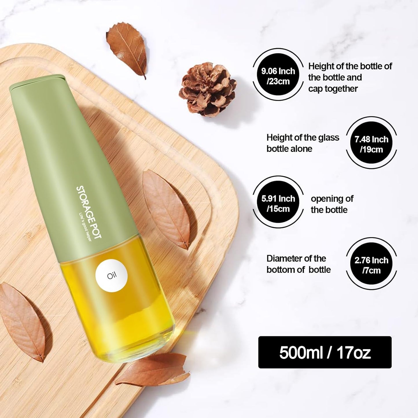 Large Capacity Olive Oil Dispenser - 500ml Glass Vinegar Drizzler, Leak-Proof Oil Bottle, Non-Drip Soy Sauce Dispenser with Pourer and Labels (Green)