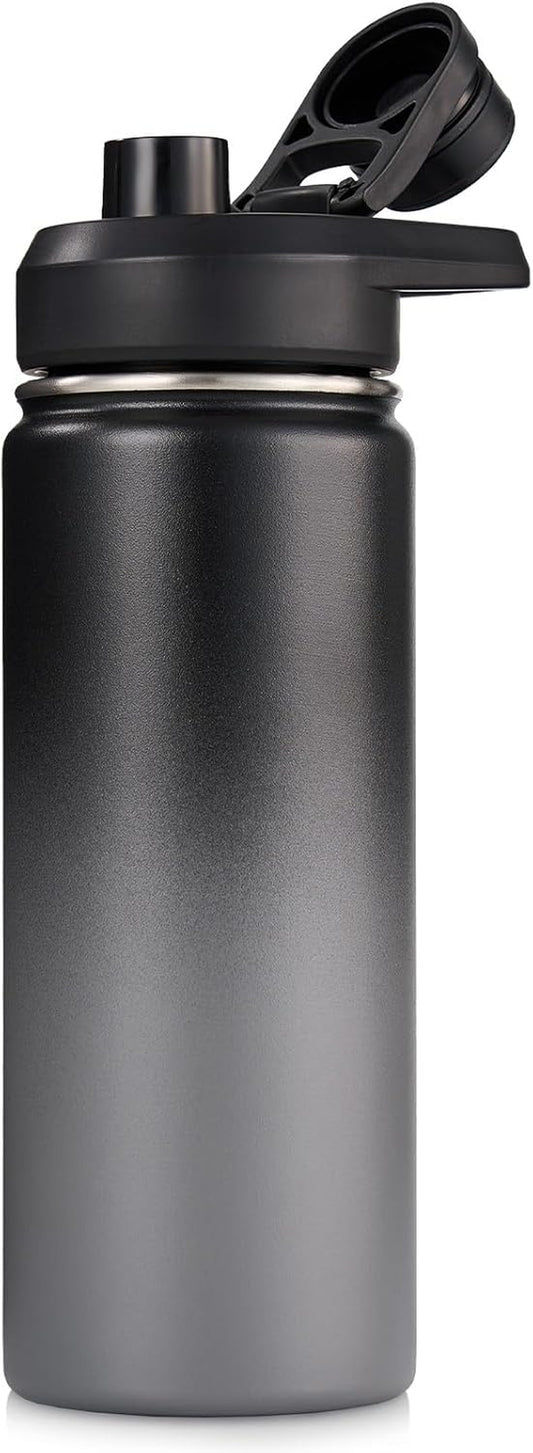 18 Oz Insulated Water Bottle with Handle, 304 Stainless Steel Water Bottles with Wide Mouth, Double Wall Vacuum Sports Water Bottle, BPA Free, Keep Cold and Hot, Black/Gray