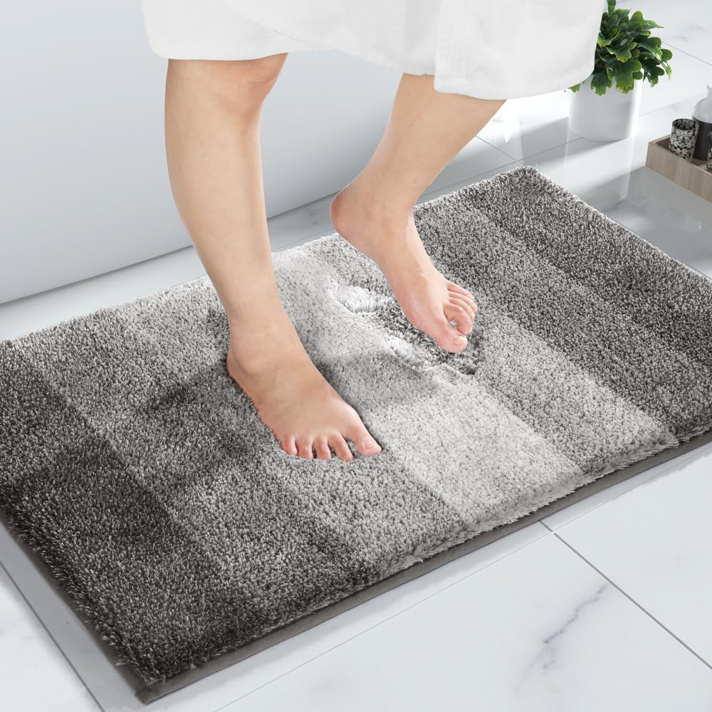 Bathroom Rugs Mat, Luxury Soft Comfortable Plush Absorbent Microfiber Bath Rugs, Extra Thick Non Slip Shaggy Shower Rug, Machine Wash, Bath Carpet for Bathroom Floor, Tub, 24"X17", Brown Gray