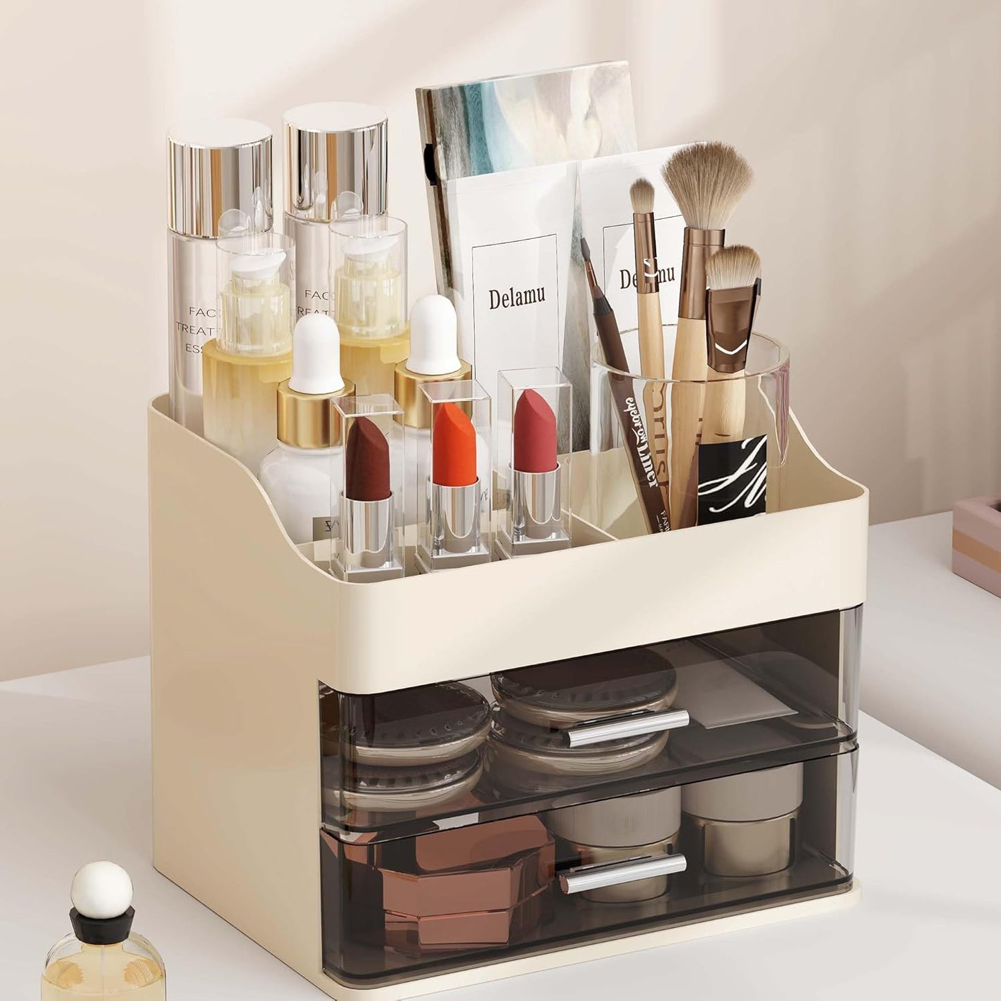Makeup Organizer Countertop, 3-Tier Large Capacity Bathroom Counter Organizer with 2 Clear Drawers for Easy Access, Ideal for Makeup, Skincare, Lipsticks, Office Supplies, Present, Etc, Beige