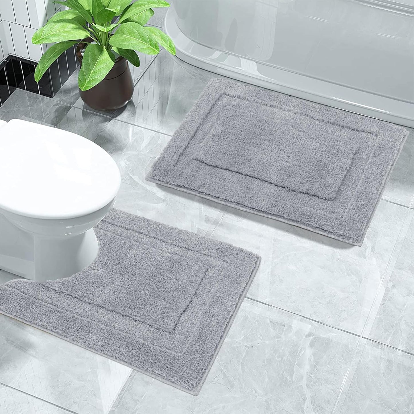 Small Bathroom Rugs Set of 2 Pieces Bath Rugs with U Shape Toilet Rugs Set 16X24 + 20X24 Inch Soft Absorbent Bath Mats Non Slip Plush Shower Rug Machine Washable, Light Grey