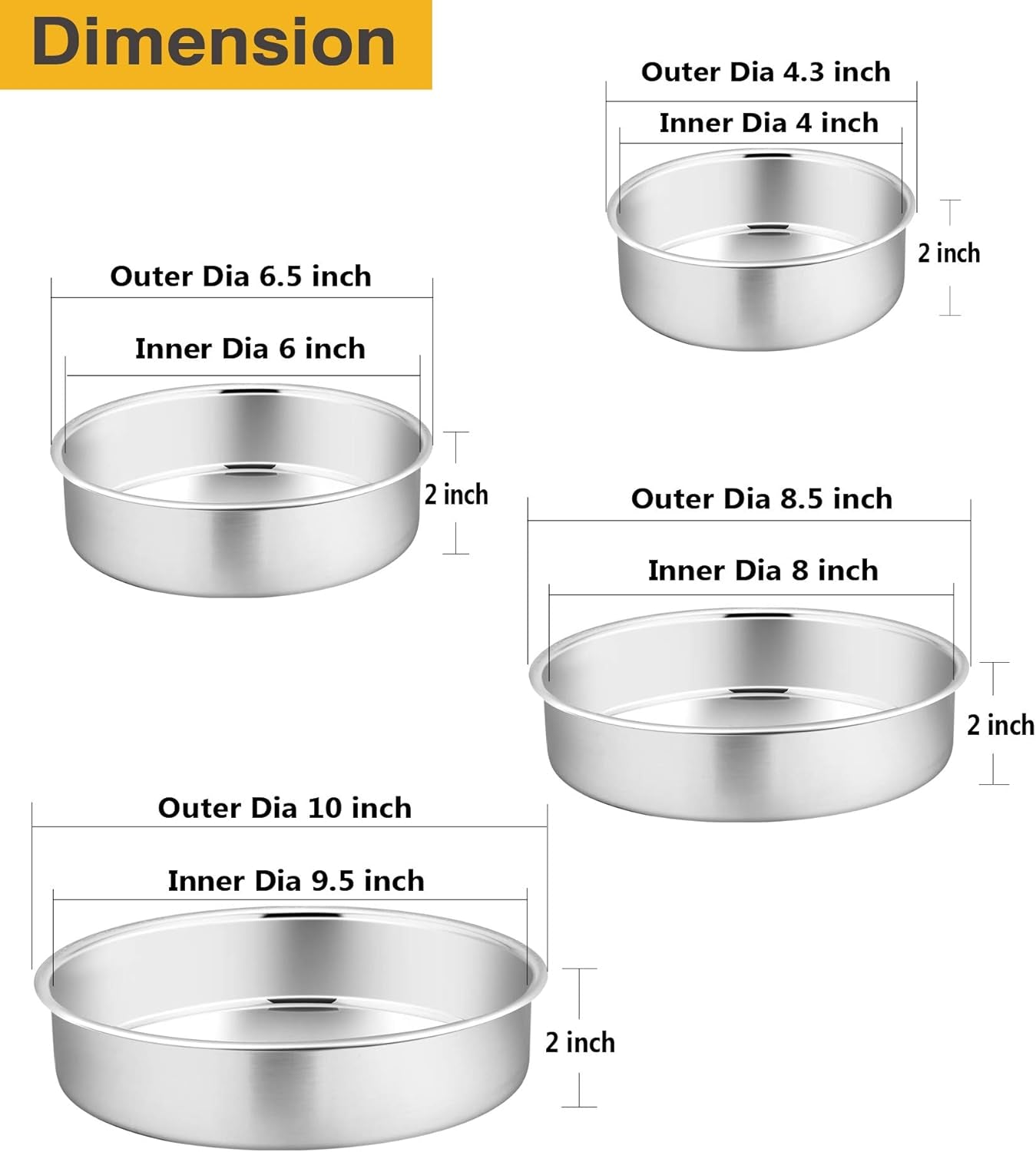 Cake Pans Sets for Baking, 4" + 6" + 8" + 9.5" 4 Piece Stainless Steel round Cake Pans Tin, Oven/Pot/Dishwasher Safe, Combination of Different Sizes, Leak-Proof & Easy Clean