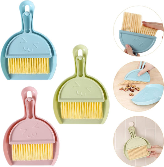 3PCS Mini Broom and Dustpan Set for Home, Car, Kitchen, Table, Kids - Durable Plastic Bristles, Handheld, Hangable, 3 Colors