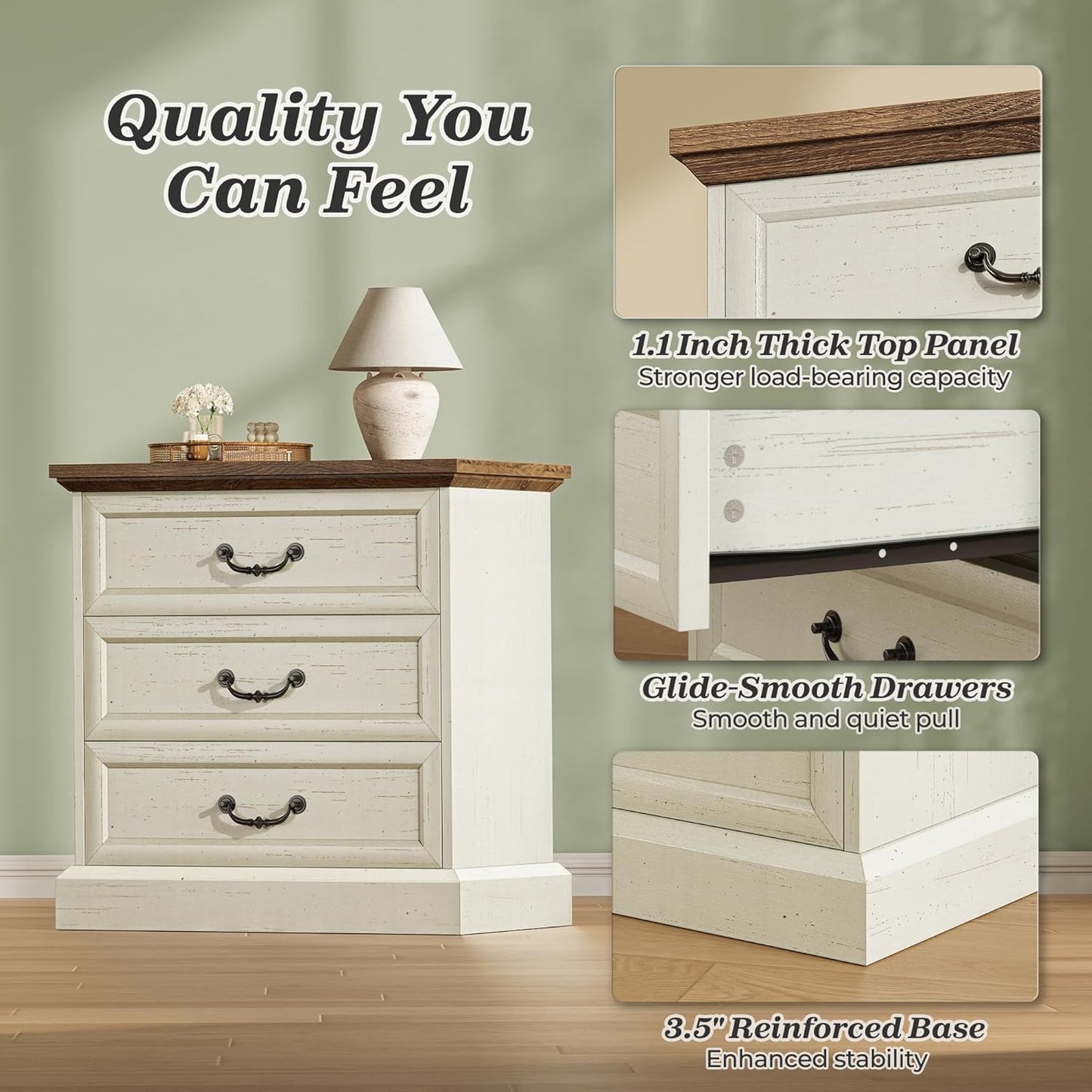 Farmhouse Nightstand Set of 2 with Charging Station and Vintage Handles, 22-Inch Wide Storage Side Table in Distressed White