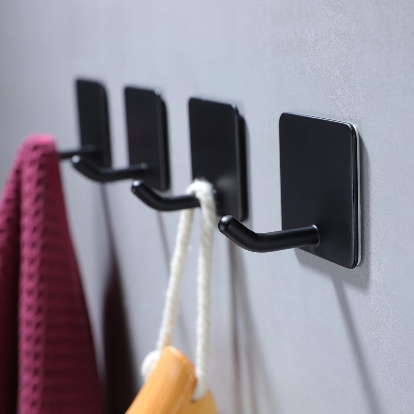 Matte Black Stainless Steel Adhesive Towel Hooks - Set of 4 for Hanging Robes and Coats, Wall-Mounted Design