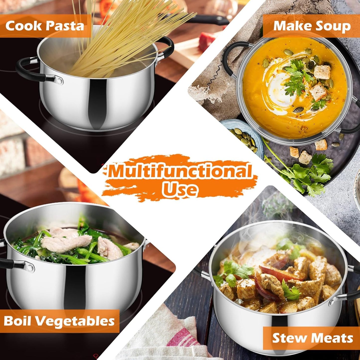 Stainless Steel Stock Pot, 5 Qt Cooking Soup Pot with Visible Lid for Pasta, Tri-Ply Bottom & Dual Heatproof Handles, for Induction Gas All Stoves, Non-Toxic & Dishwasher Safe