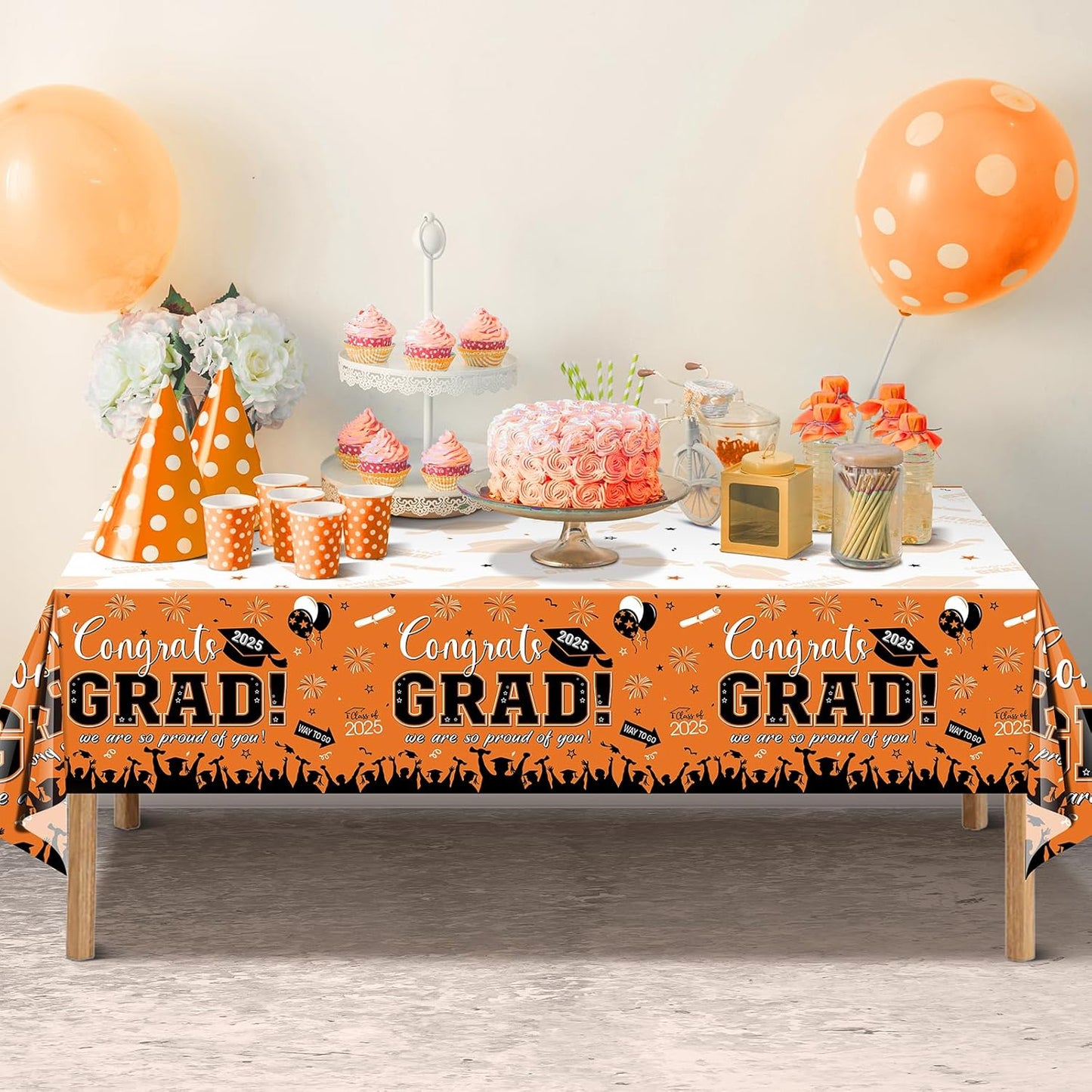 12Pack Graduation Tablecloth Party Decorations, Class of 2025 Congrats Grad Plastic Tablecover Party Supplies, Orange Rectangle Graduation Table Decorations for College High School Party, 54 X 108Inch
