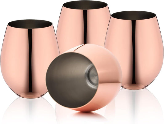 Rose Gold Wine Glasses Set of 4, 18Oz Copper Wine Glasses, Stemless Stainless Steel Wine Glasses, Unbreakable Metal Wine Glass for Outdoor, Travel, Camping, Ideal Wine Accessories Gift