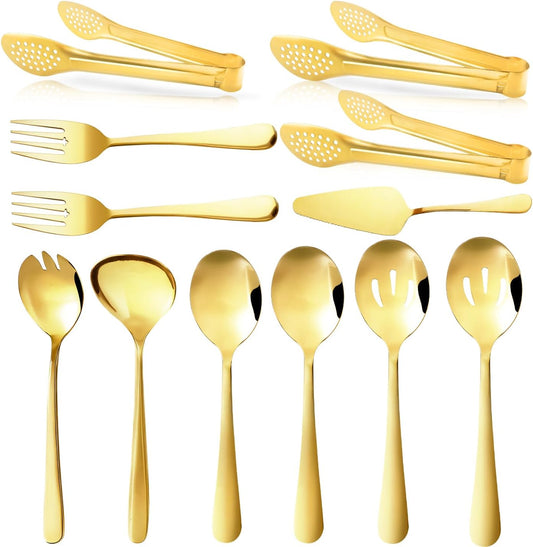 Gold Serving Utensils Set, 12 Pack Polished Stainless Steel, Includes Spoons, Forks, Tongs, Ladle, Cake Server (Gold)