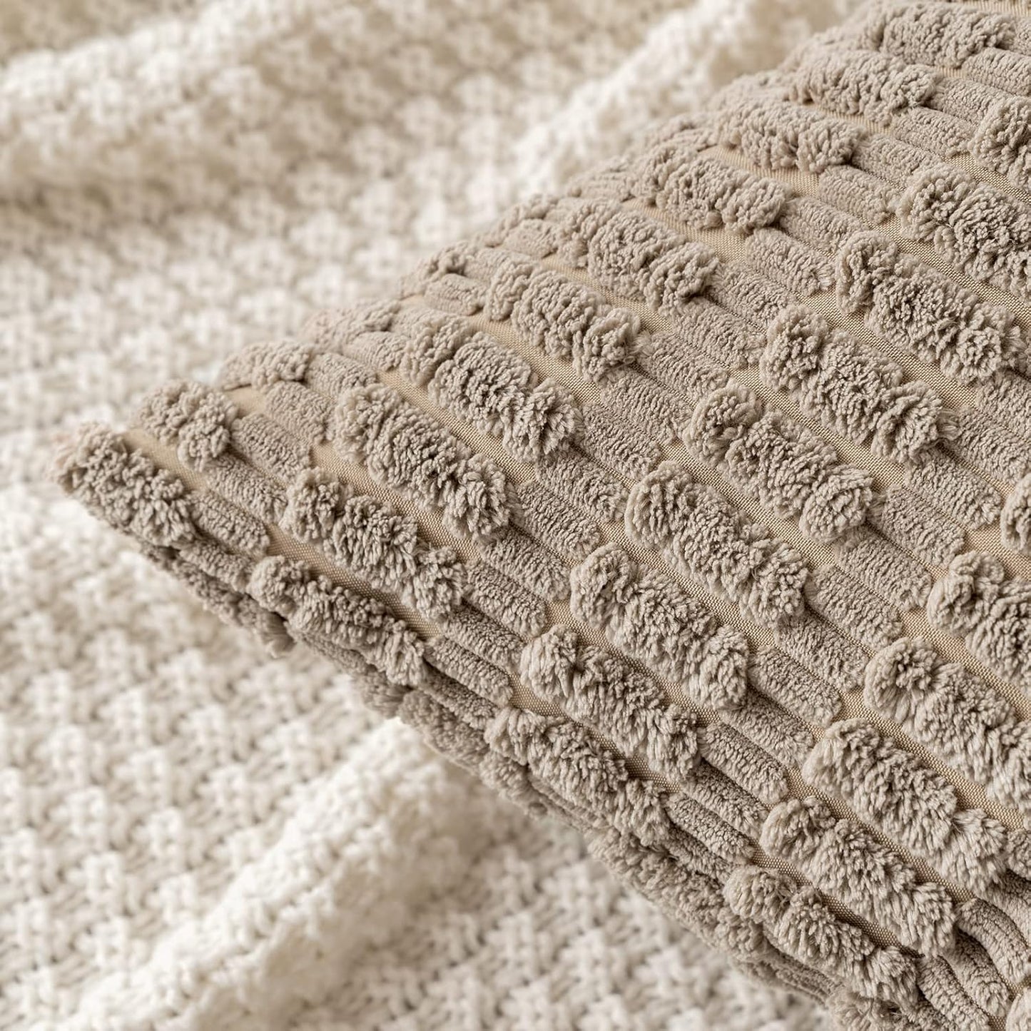 Set of 2 Soft Corduroy Decorative Throw Pillow Covers, 18x18 Inches, Boho Striped Design for Modern Farmhouse Home Decor, Light Brown