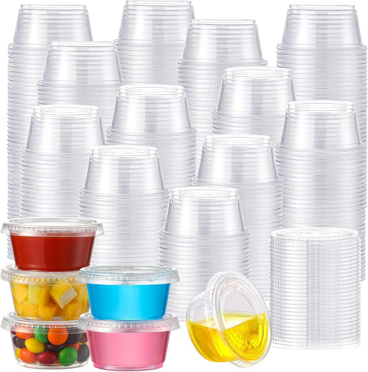 400 Set 2 Oz Jello Shot Cups with Lids, Stackable Food Safe Disposable Plastic Portion Condiment Dipping Sauce Cups, Small Containers for Salad Dressing