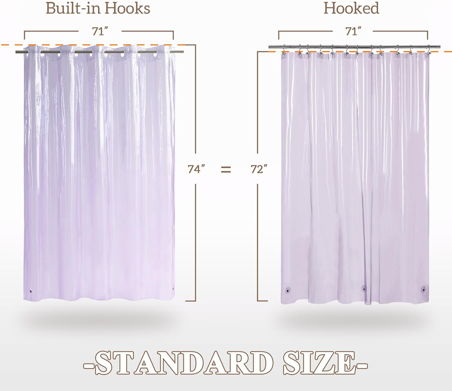 No Hook Clear Lavender Shower Curtain or Liner - Soft EVA 10G Extra Heavy Duty Shower Curtain with 3 Magnets for Bathroom, Standard Size 71" X 74", Clear Lavender