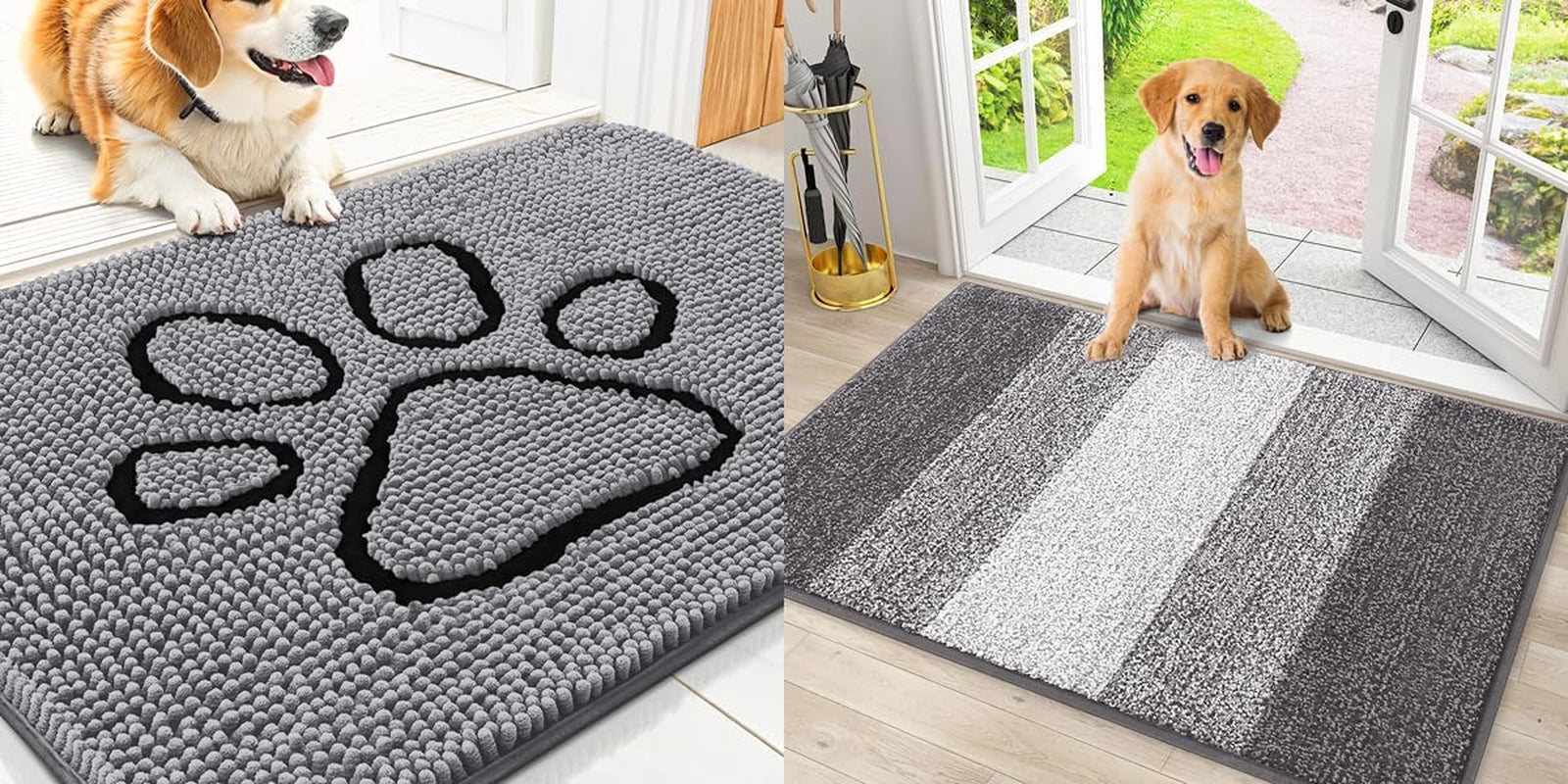 Dog Door Mat for Muddy Paws 2 Piece Set, Chenille (Grey 30X20) and Striped Design (Grey 30X20) Doormat for Front Indoor Entrance