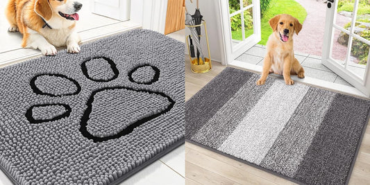 Dog Door Mat for Muddy Paws 2 Piece Set, Chenille (Grey 30X20) and Striped Design (Grey 30X20) Doormat for Front Indoor Entrance