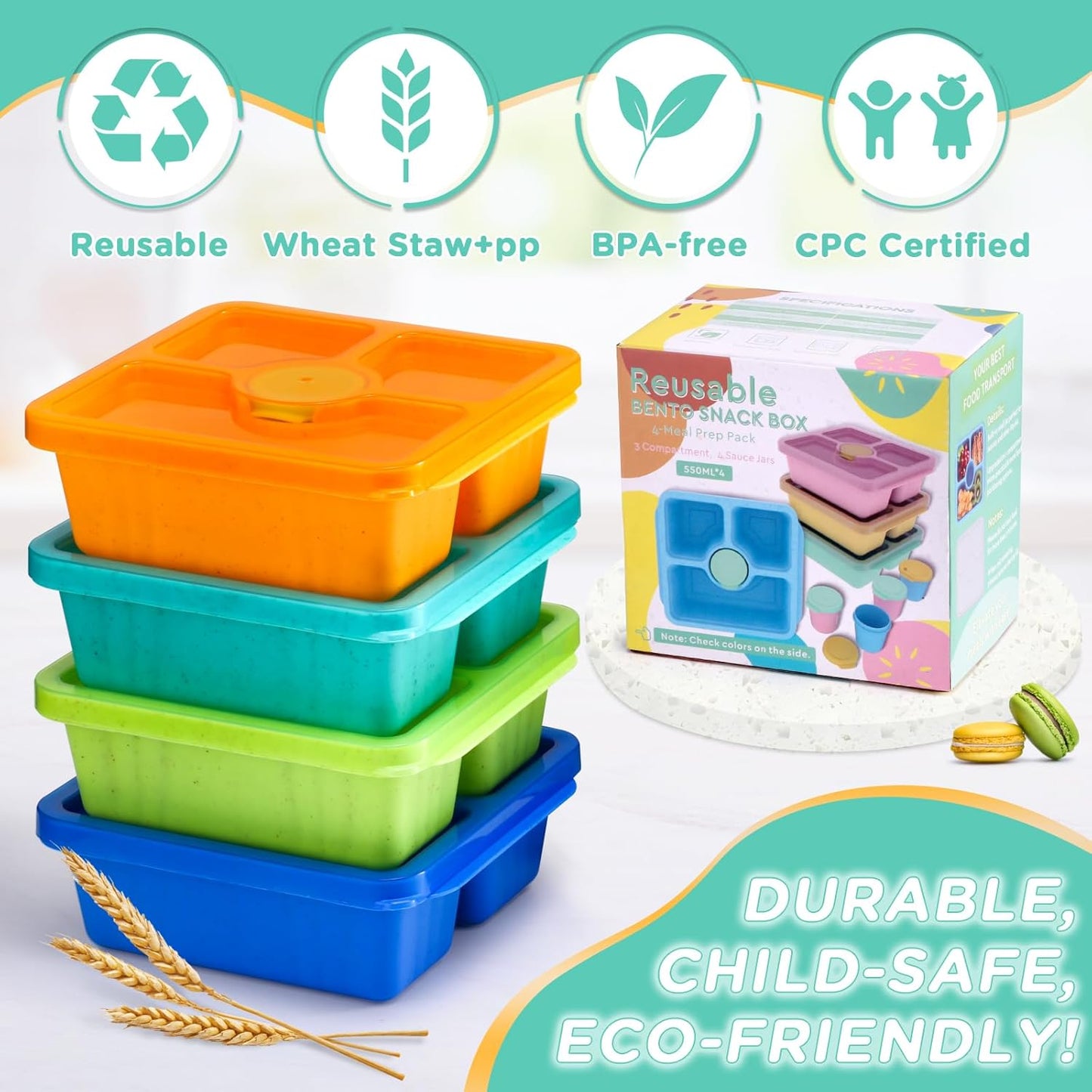 Bento Snack Boxes for Adults & Kids, Lunchable Meal Prep Containers - 4 Pack Divided Food Storage with Lids, Stackable Lunch Boxes with Sauce Cups, Jewel