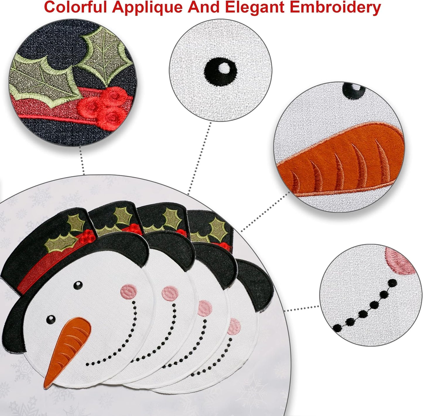 Christmas Placemats Set of 4, Xmas White Snowman round Place Mats for Holiday Kitchen Dining Table, Burlap Embroidered Doilies with Red and Green for Kids, Xmas, Parties, Machine Washable