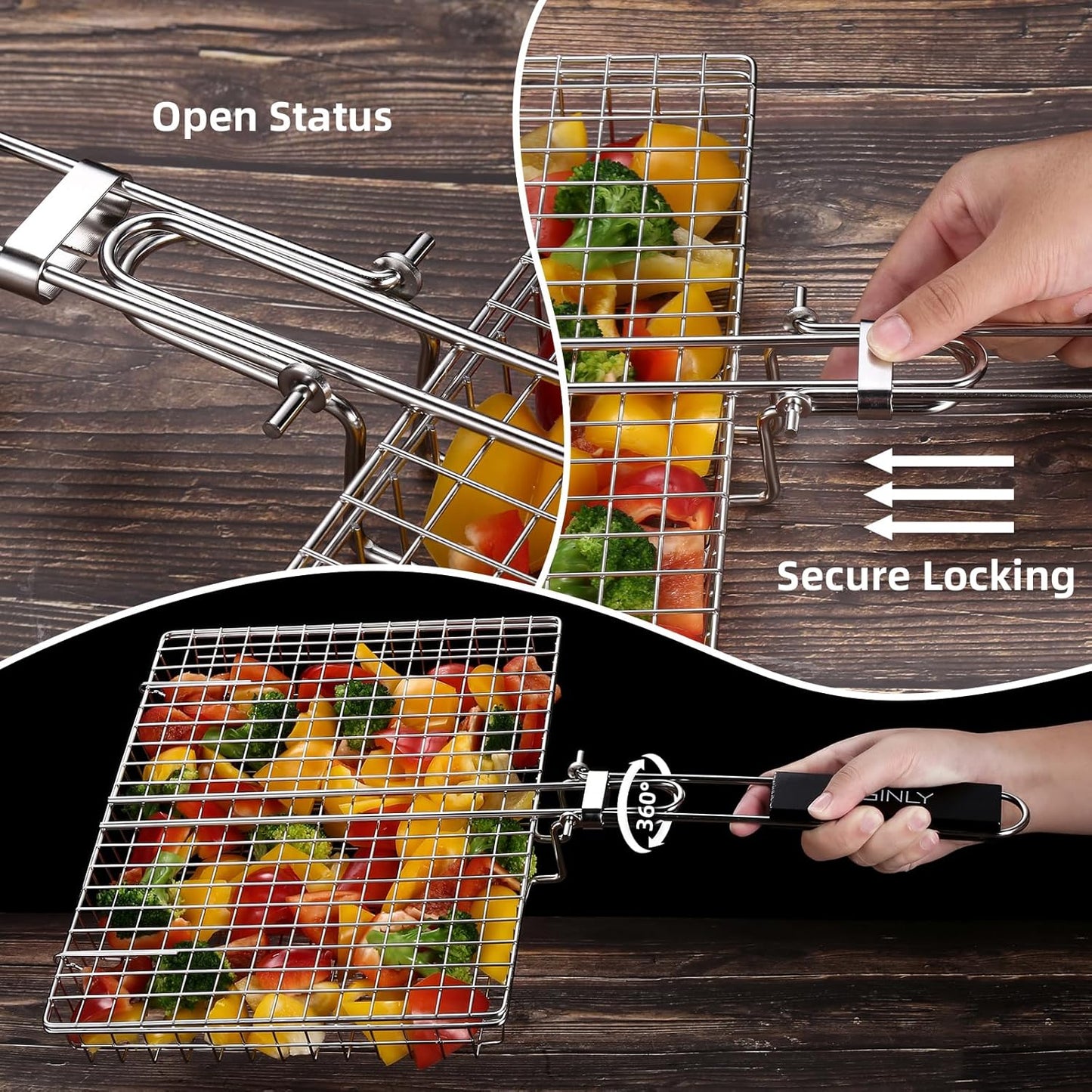 Portable Grill Basket, BBQ Grilling Basket for Outdoor Grill with Removable Handle, Stainless Steel Camping Cooking Grill Accessories for Chicken Fish Vegetable