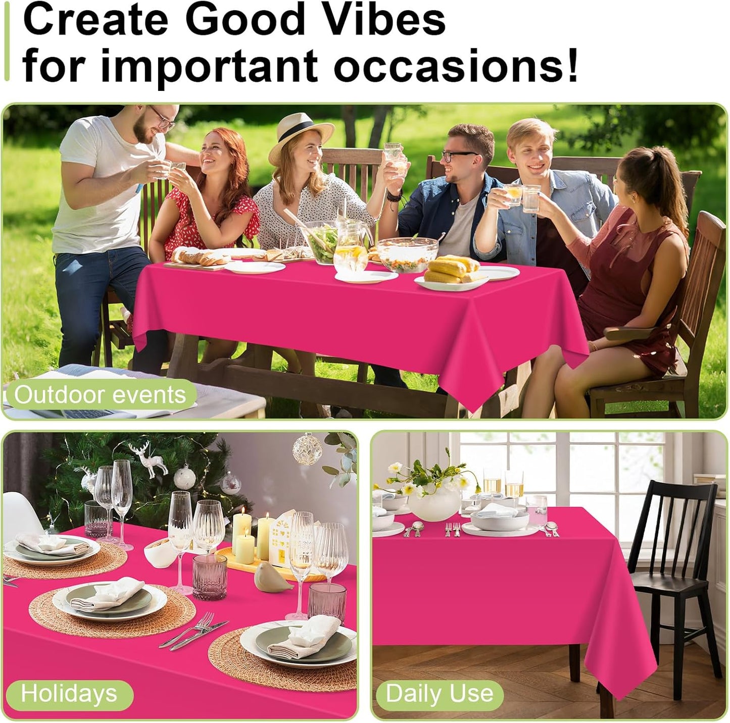 Plastic Table Cloth Disposable 2 Pack, 54 X 108 Inch Tablecloths for Rectangle Tables, Hot Pink Plastic Table Cover
