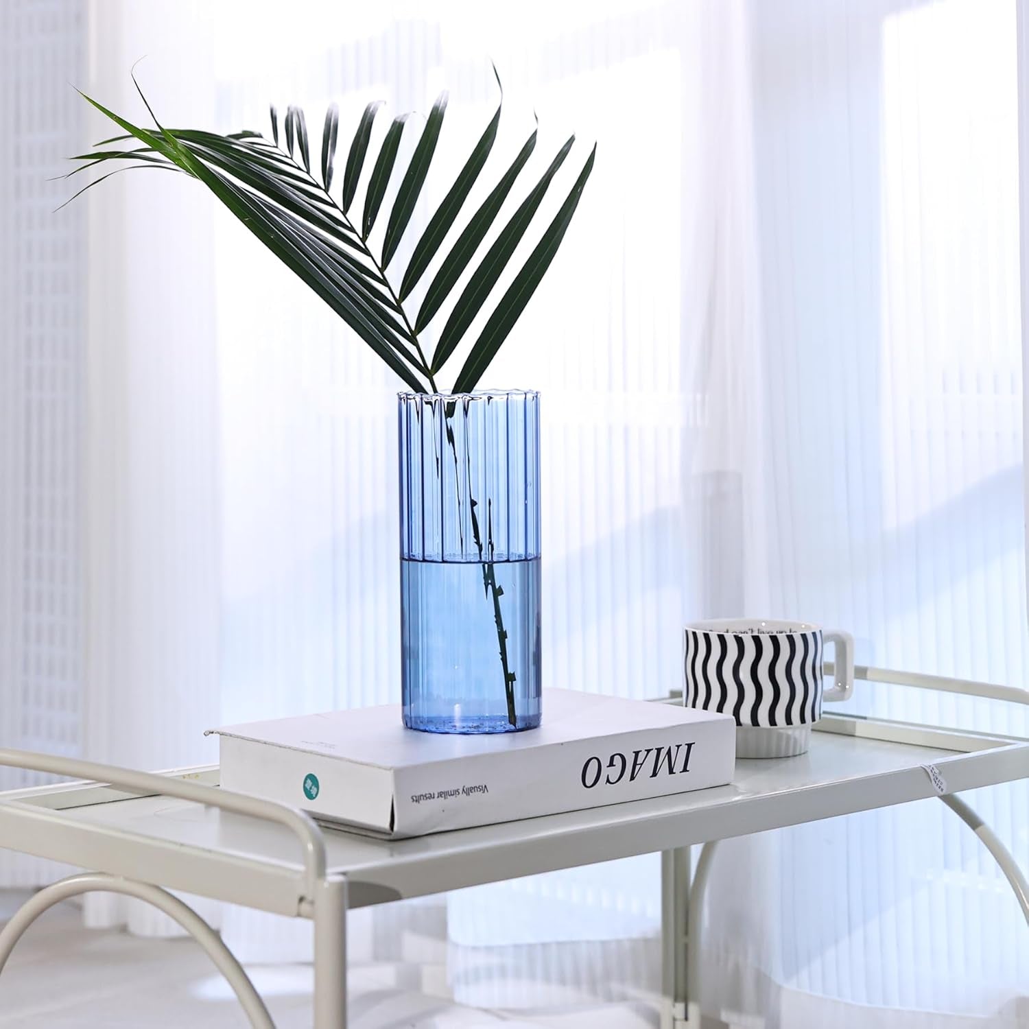 Glass Cylinder Vases, Bud Vase for Centerpieces, 8 Inch Tall Ribbed Vase Hurricane Floating Candle Holder, Decorative Flower Vases for Wedding Reception, Home Decor, Housewarming Gift (Blue)