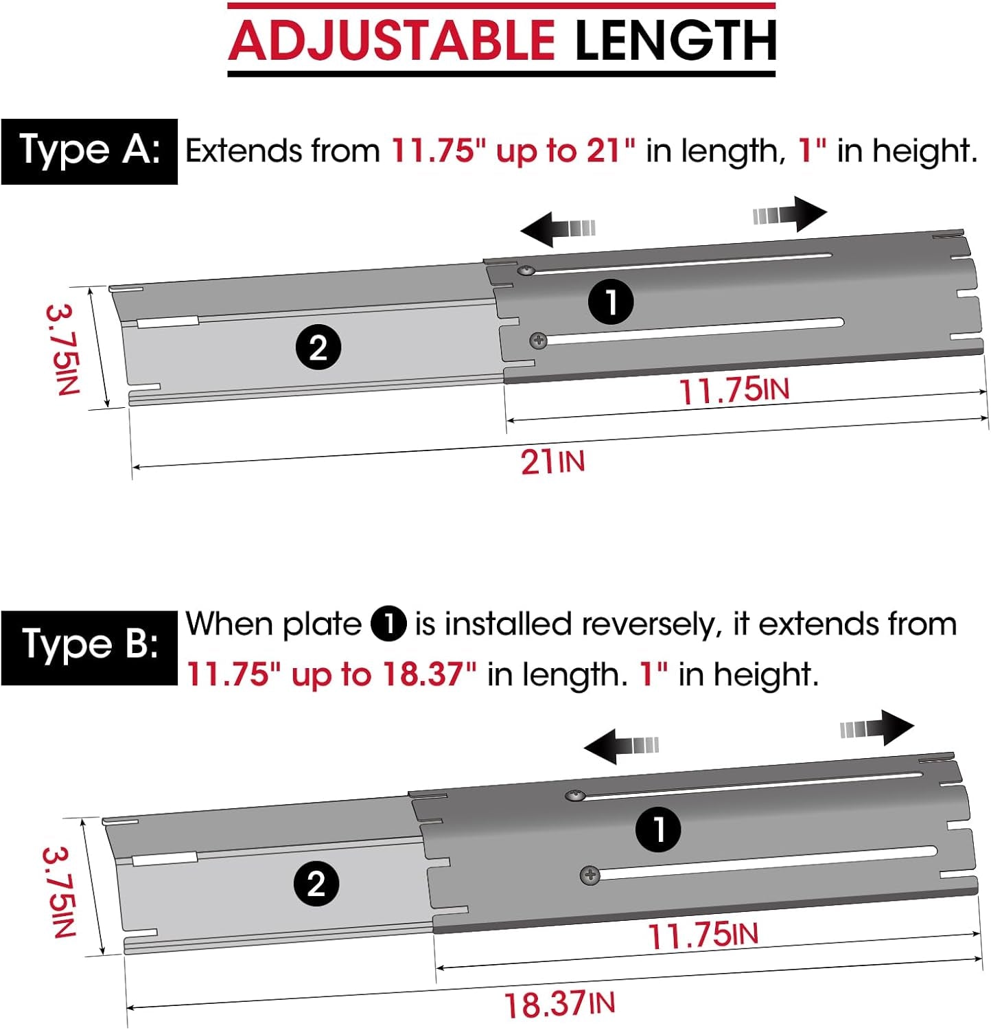 Adjustable Porcelain Steel Heat Plate, Extends from 11.75" up to 21" L,Grill Replacement Parts, Heavy Duty Heat Shield, Burner Cover, Flame Tamer for Gas BBQ, Pack of 1